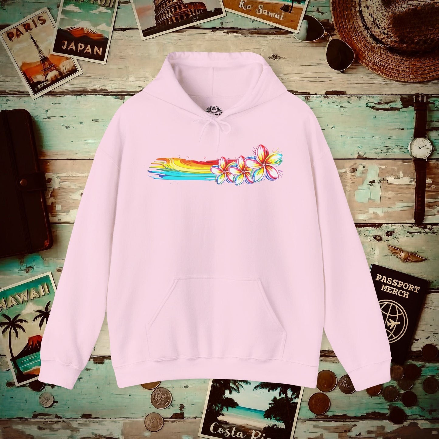 Neon Art Plumeria Rainbow, Hawaii Hoodie Light Pink / S