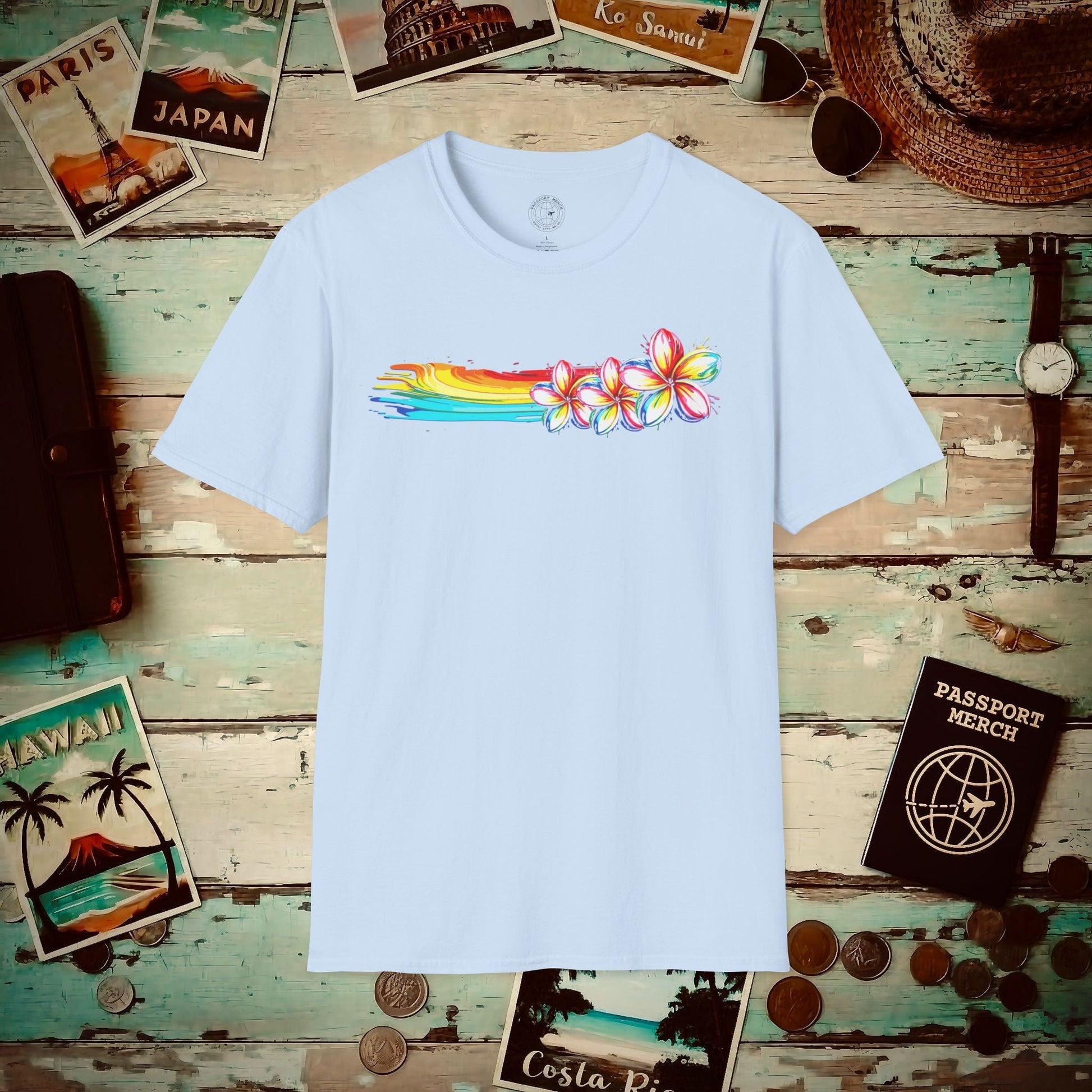 Neon Art Plumeria Rainbow, Hawaii T-Shirt Light Blue / S