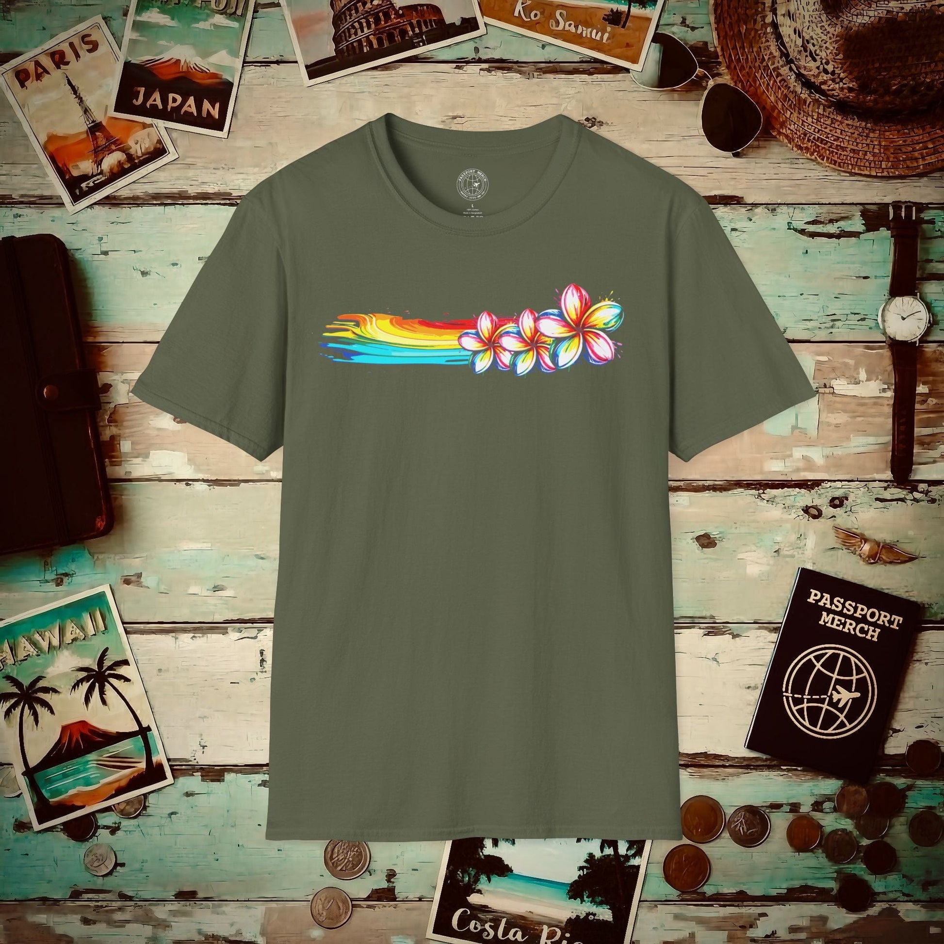 Neon Art Plumeria Rainbow, Hawaii T-Shirt Military Green / S