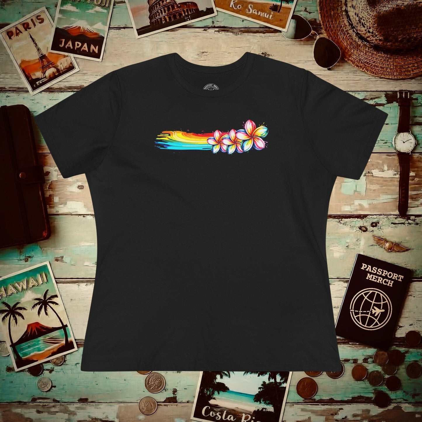 Neon Art Plumeria Rainbow, Hawaii, Womens Fit T-Shirt Black / S