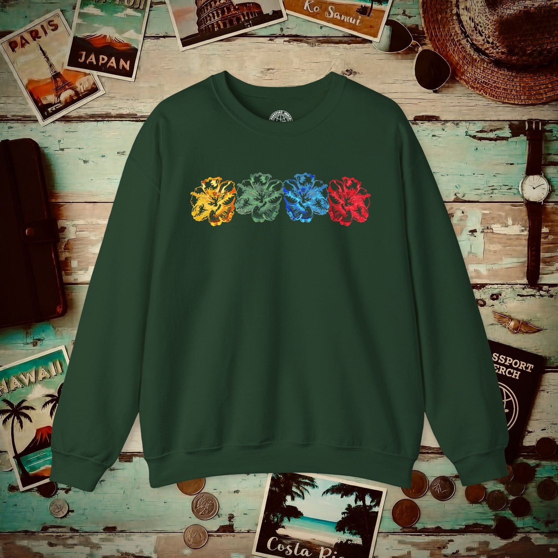 Neon Hibiscus, Hawaii Crewneck Forest Green / S