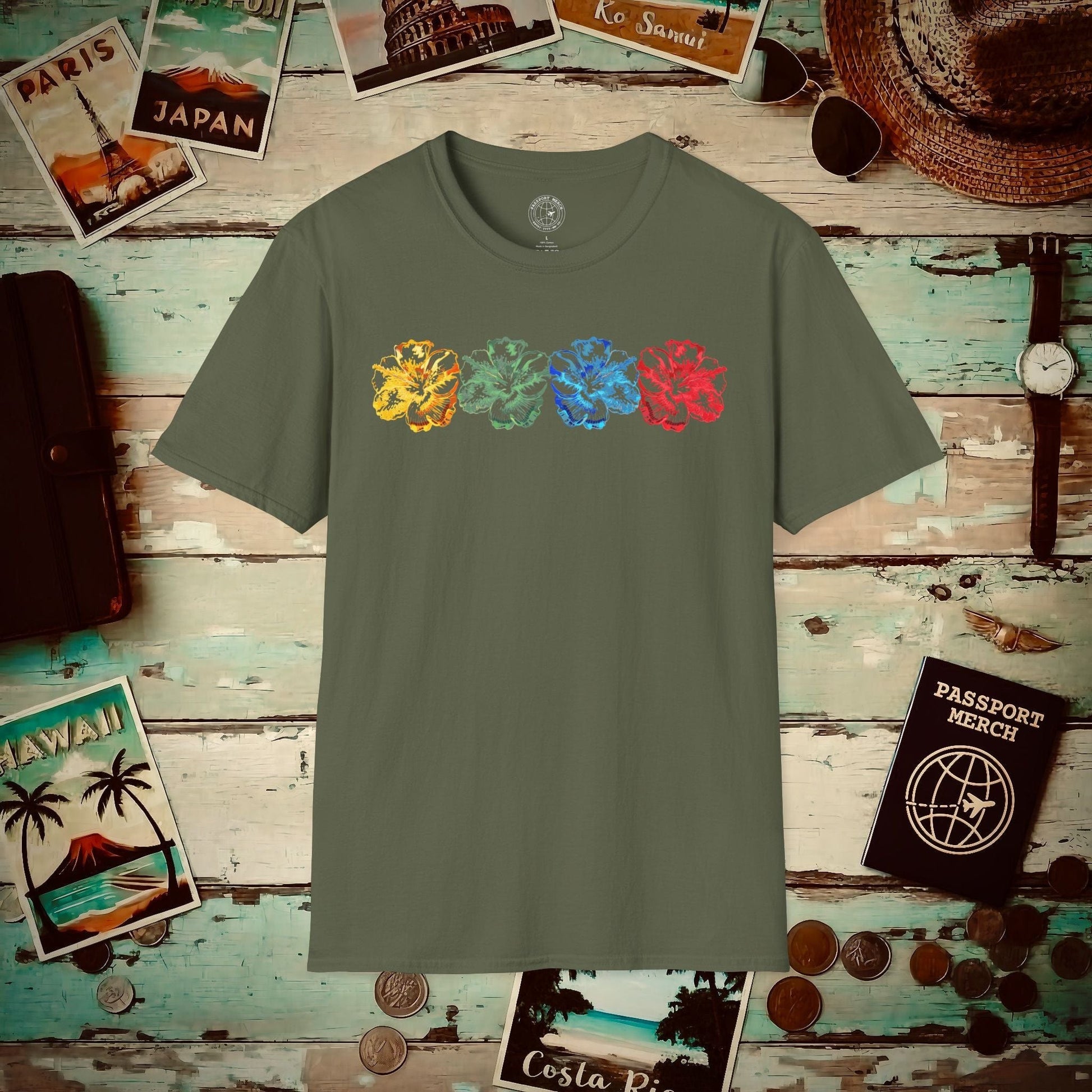 Neon Hibiscus, Hawaii T-Shirt Military Green / S