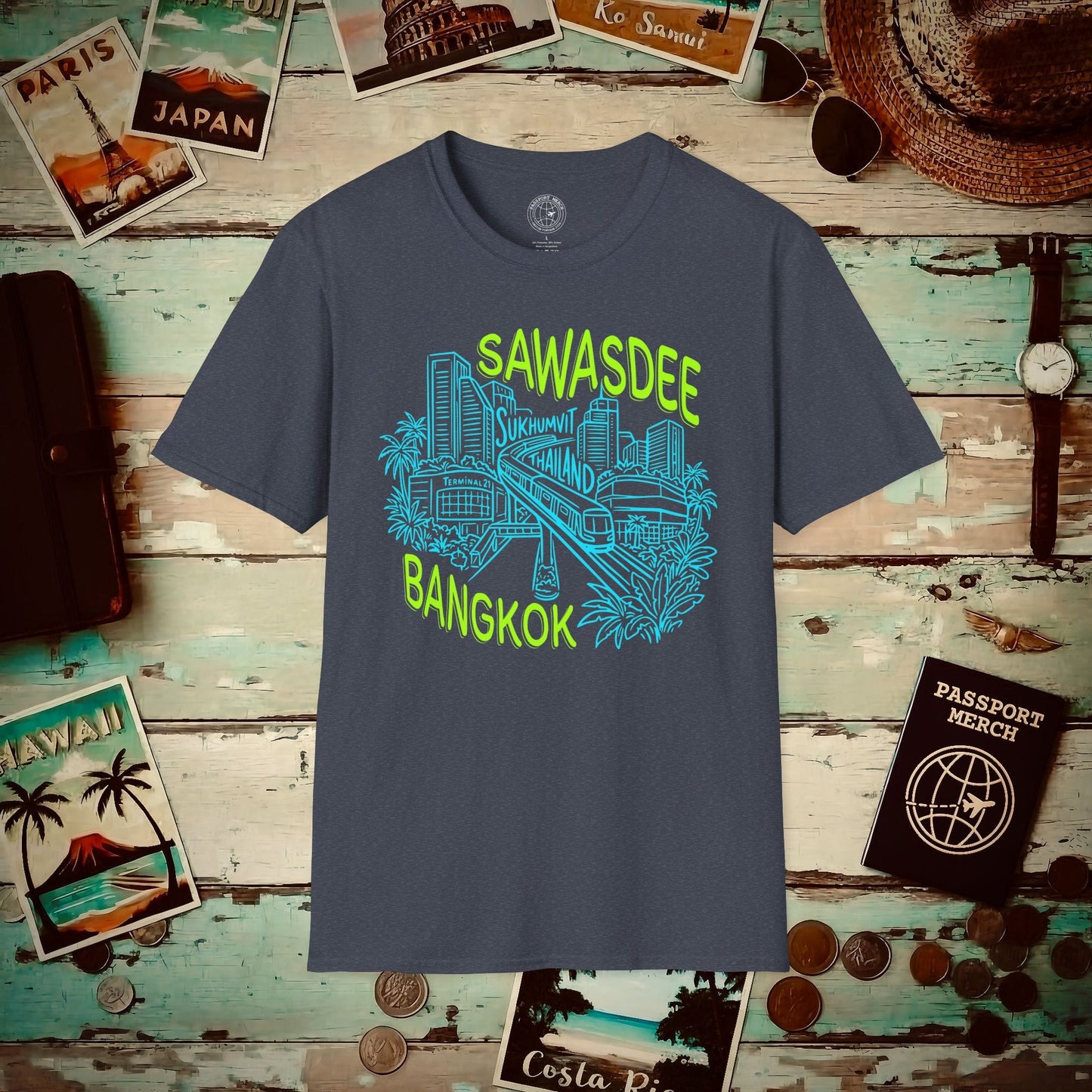Neon Sawasdee Bangkok, Thailand T-Shirt Heather Navy / S