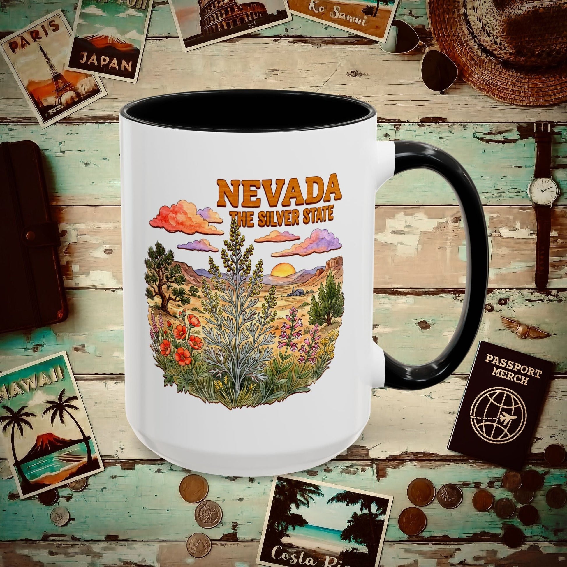 Nevada Flowers in Watercolored Oak 15oz Mug Black / 15oz