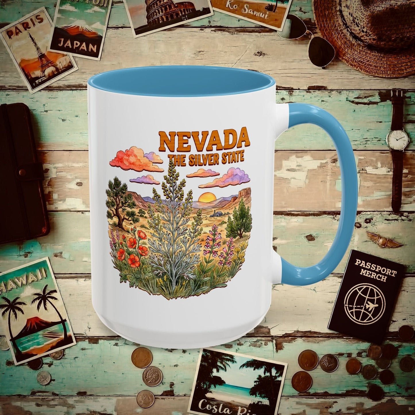 Nevada Flowers in Watercolored Oak 15oz Mug Light Blue / 15oz