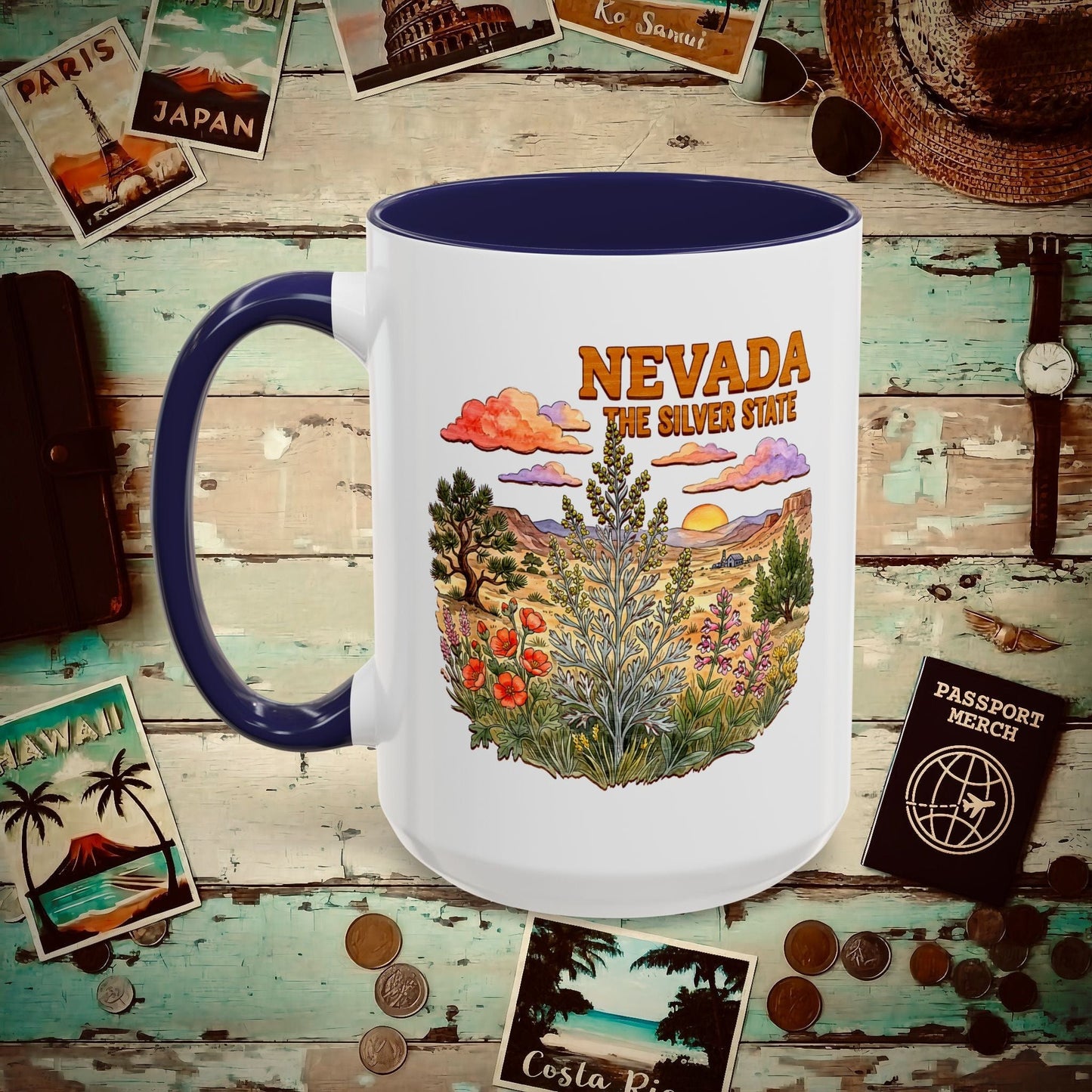 Nevada Flowers in Watercolored Oak 15oz Mug Navy / 15oz