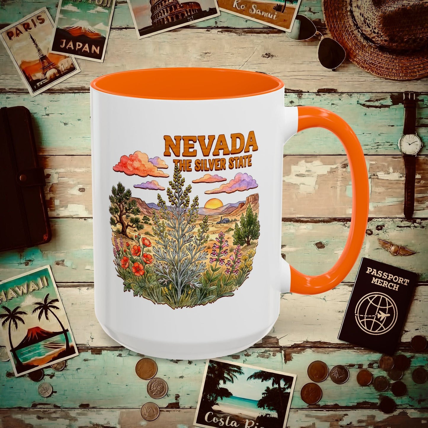Nevada Flowers in Watercolored Oak 15oz Mug Orange / 15oz