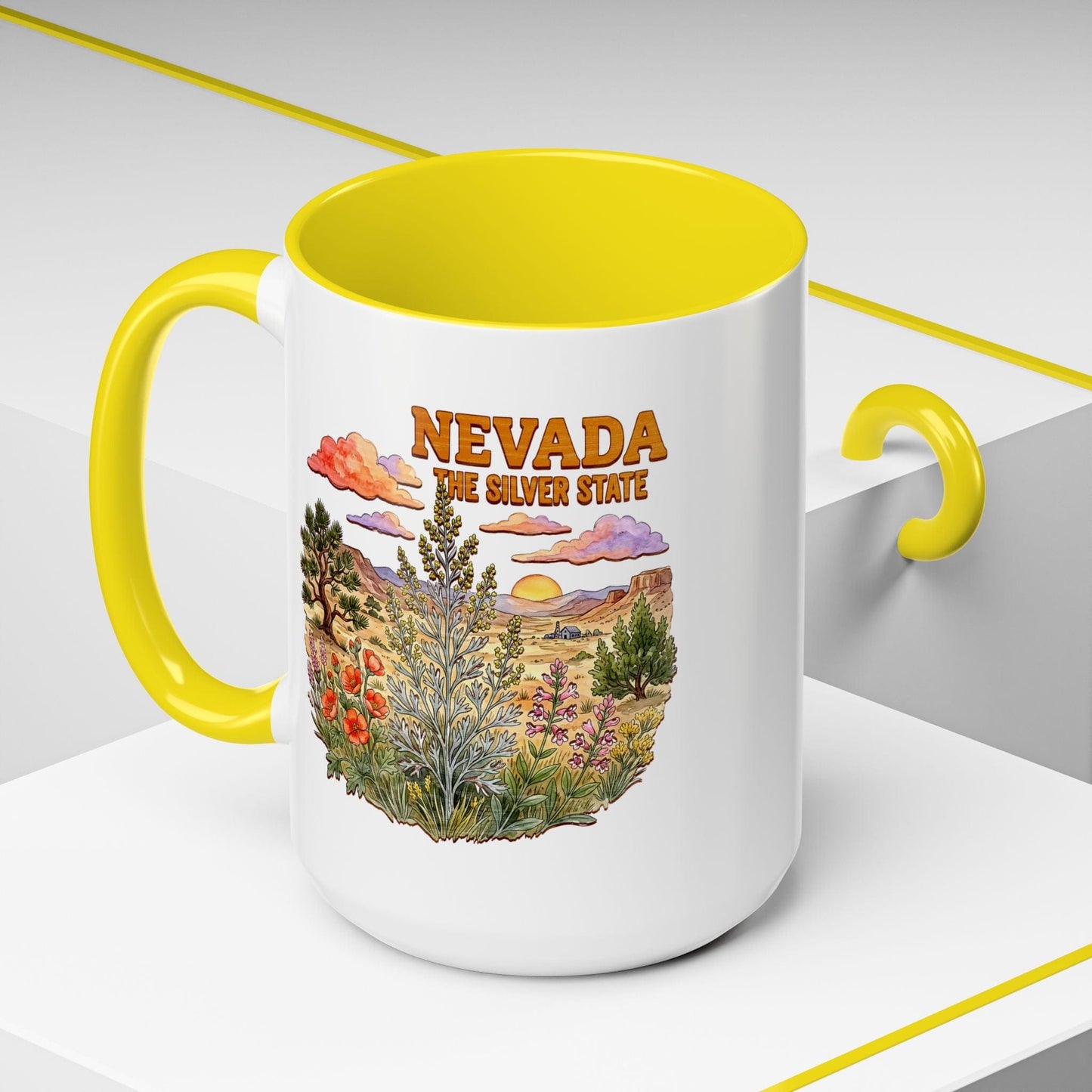 Nevada Flowers in Watercolored Oak 15oz Mug Yellow / 15oz