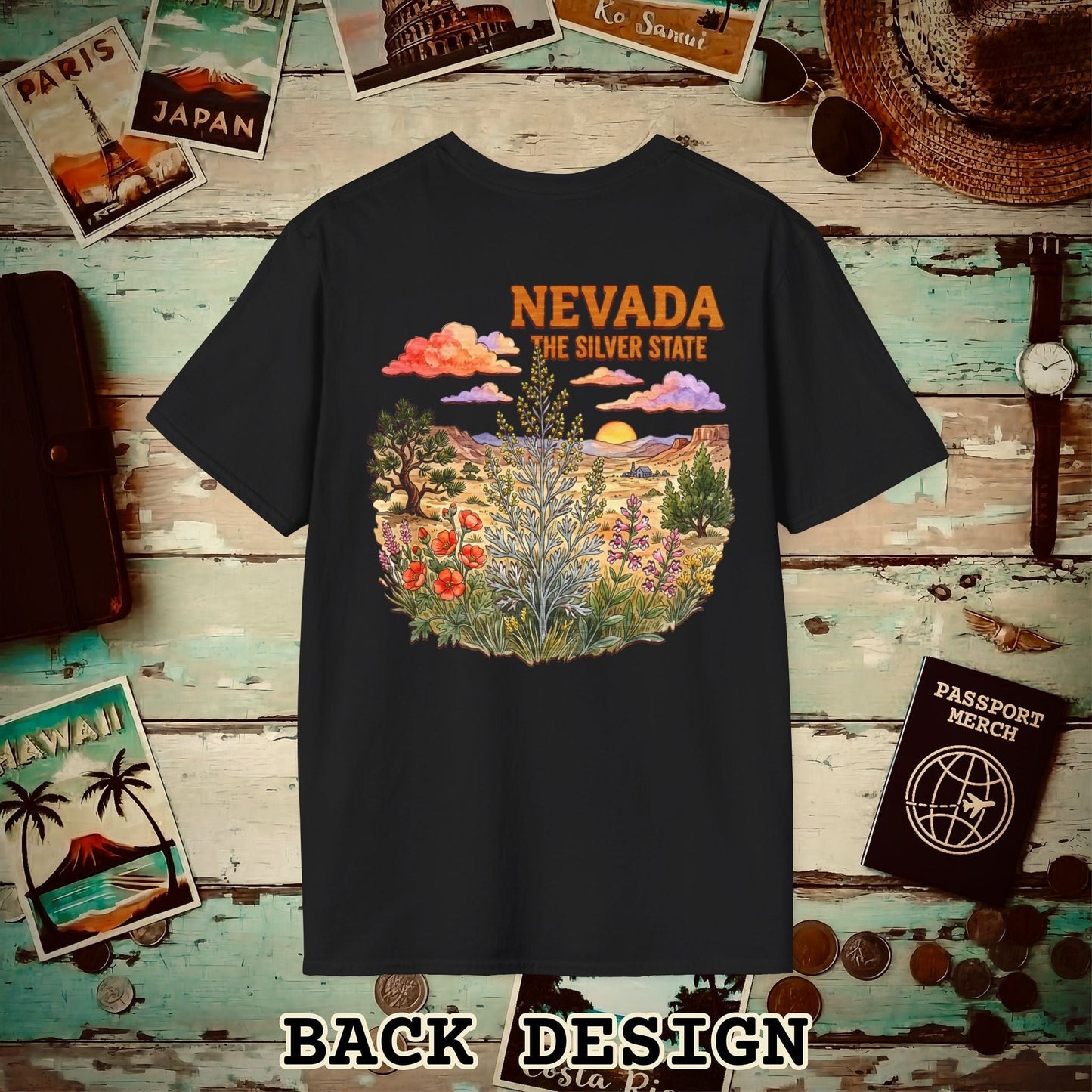 Nevada Flowers in Watercolored Oak Back Print T-Shirt Black / S
