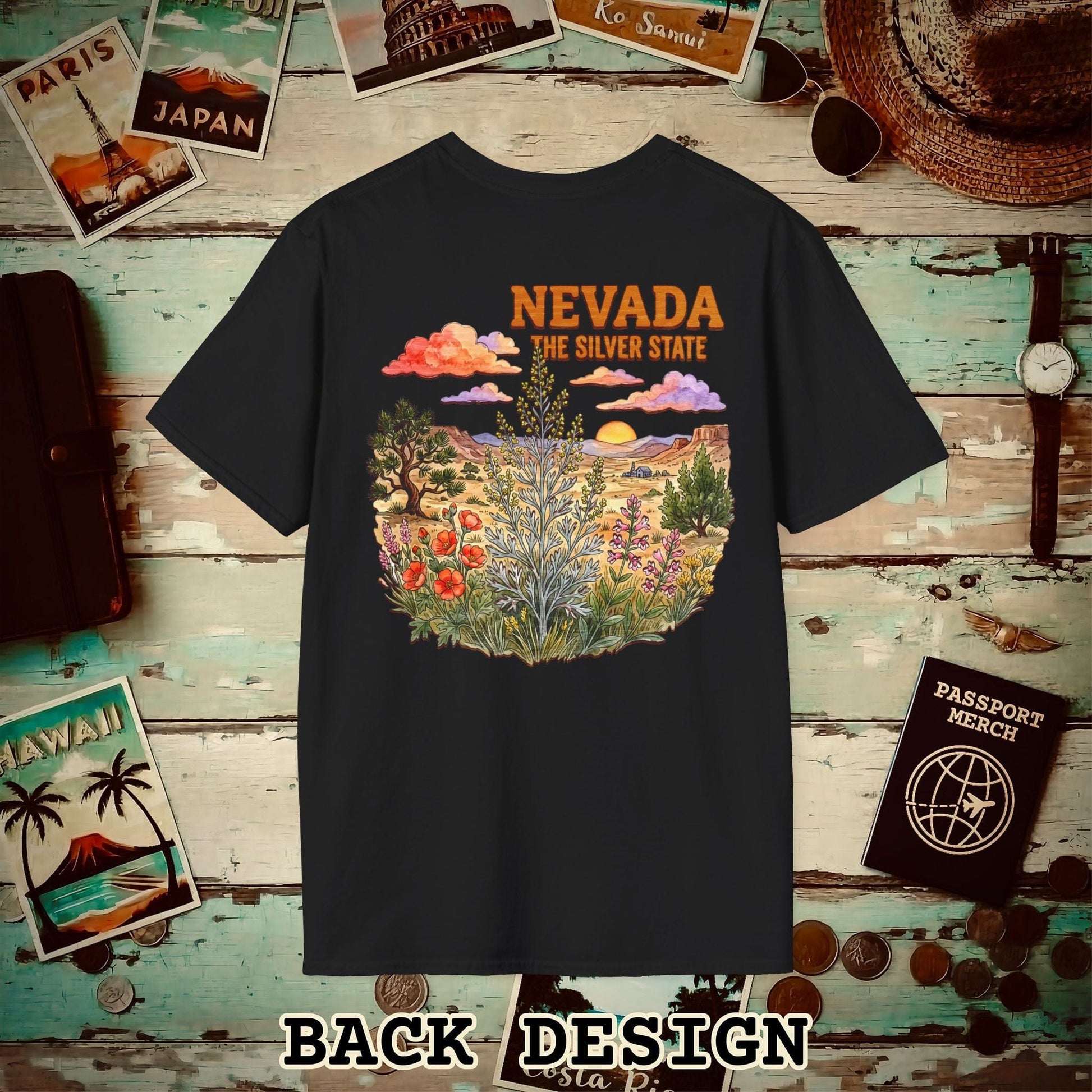 Nevada Flowers in Watercolored Oak Back Print T-Shirt Black / S