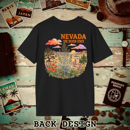 Nevada Flowers in Watercolored Oak Back Print T-Shirt Black / S