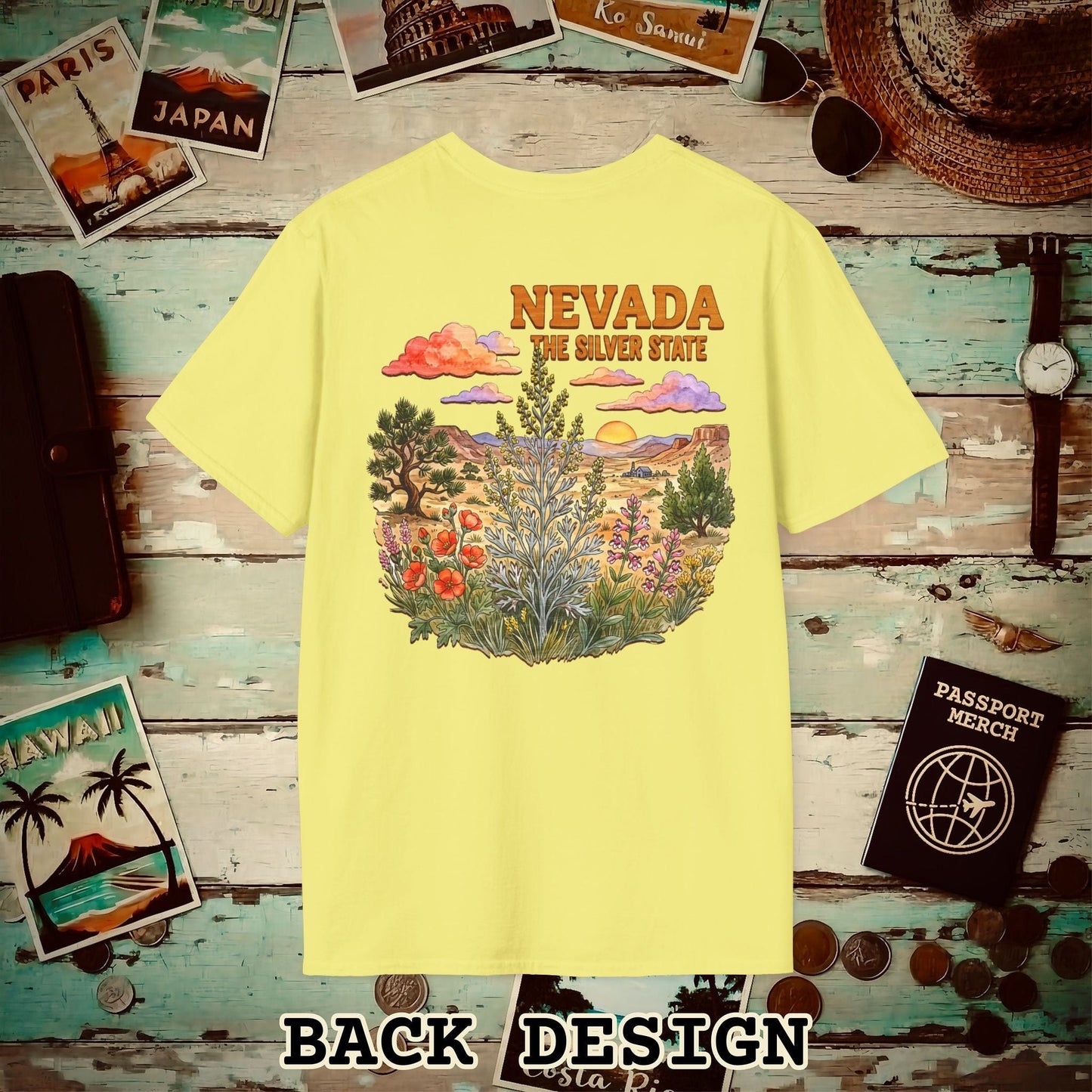 Nevada Flowers in Watercolored Oak Back Print T-Shirt Cornsilk / S