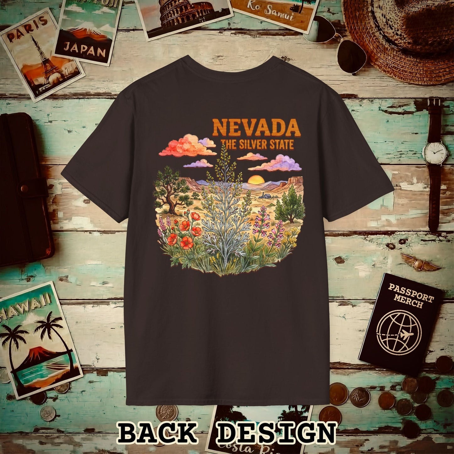 Nevada Flowers in Watercolored Oak Back Print T-Shirt Dark Chocolate / S