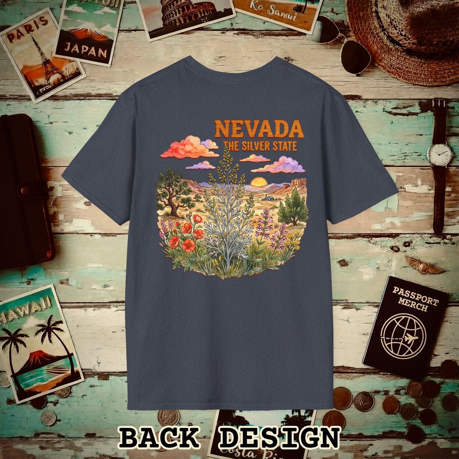 Nevada Flowers in Watercolored Oak Back Print T-Shirt Heather Navy / S