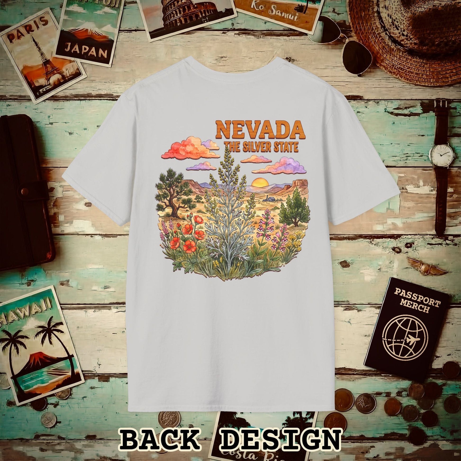 Nevada Flowers in Watercolored Oak Back Print T-Shirt Ice Grey / S