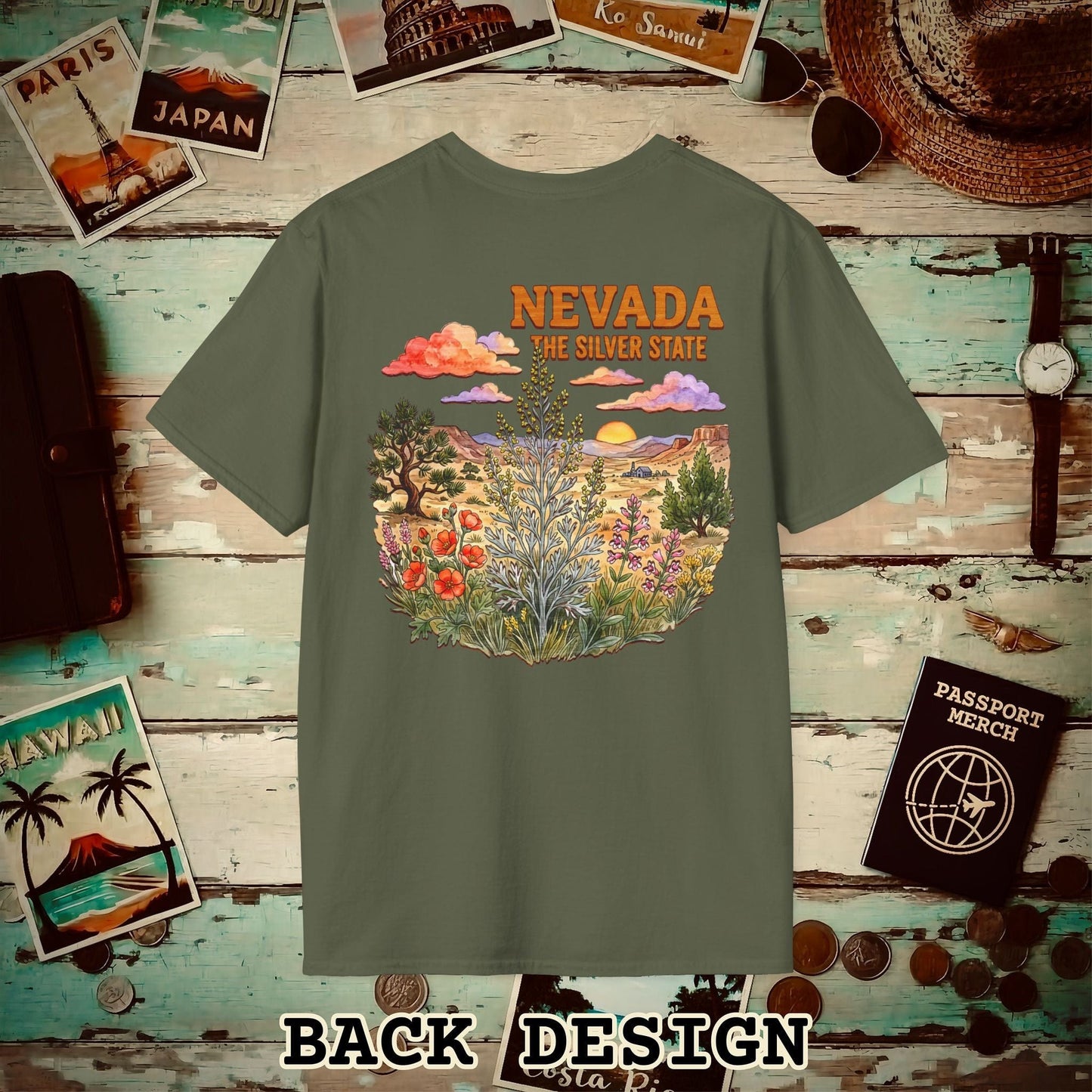 Nevada Flowers in Watercolored Oak Back Print T-Shirt Military Green / S