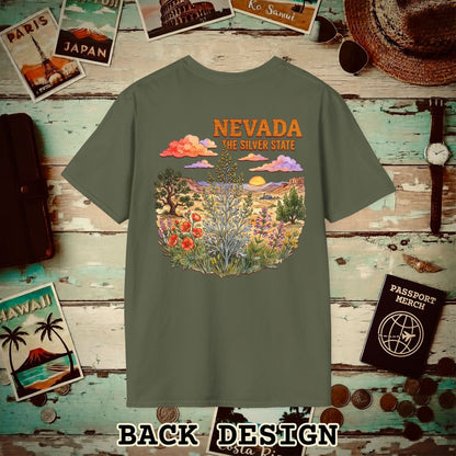 Nevada Flowers in Watercolored Oak Back Print T-Shirt Military Green / S