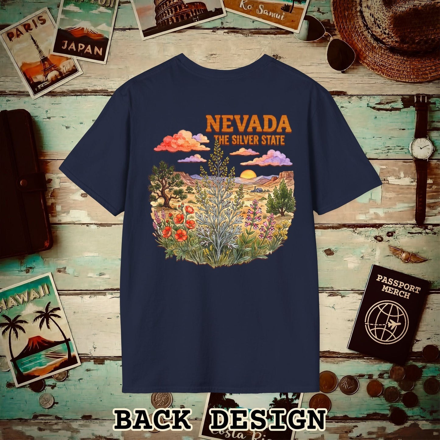 Nevada Flowers in Watercolored Oak Back Print T-Shirt Navy / S