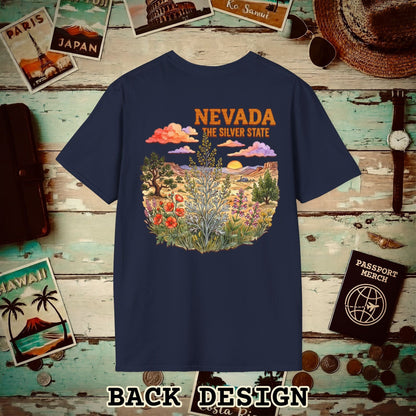 Nevada Flowers in Watercolored Oak Back Print T-Shirt Navy / S