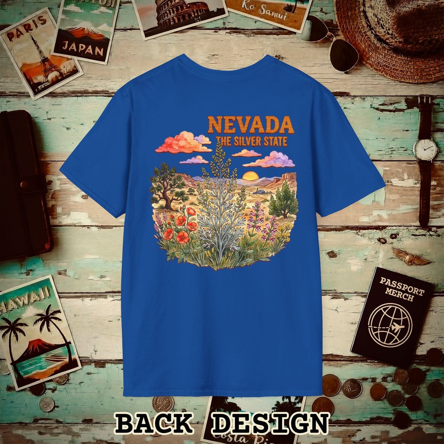 Nevada Flowers in Watercolored Oak Back Print T-Shirt Royal / S
