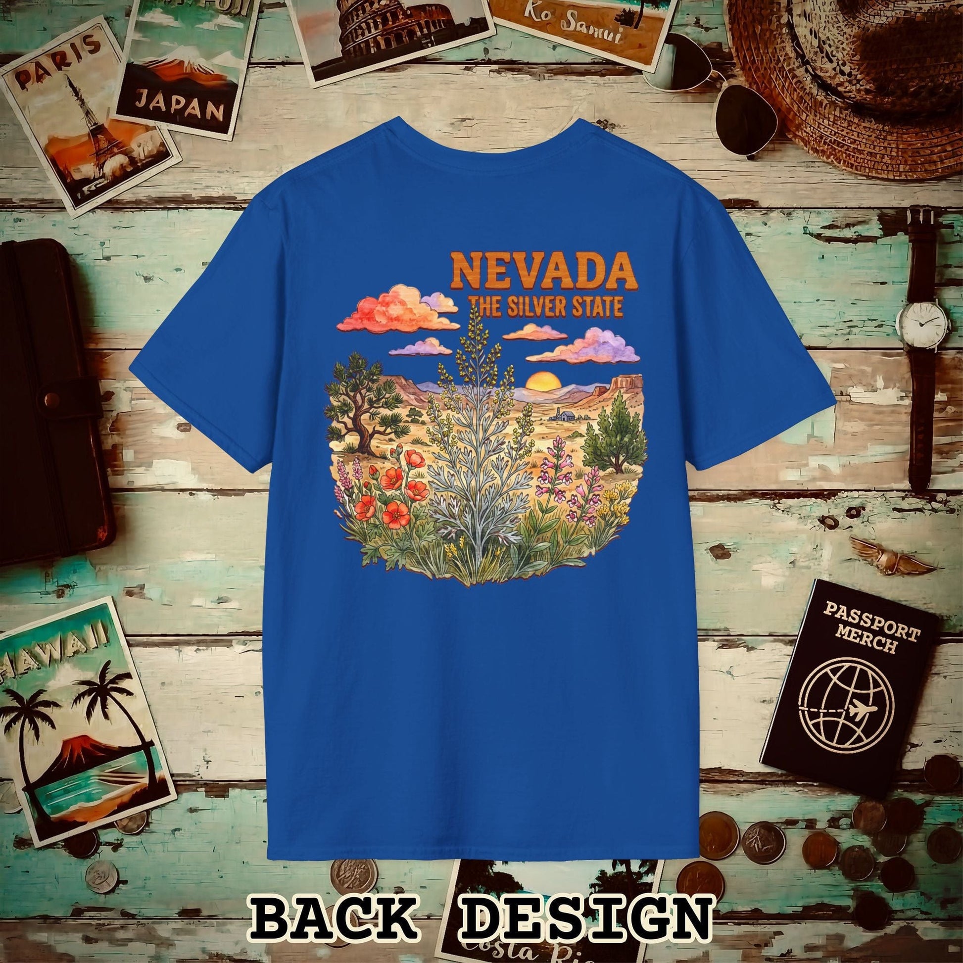 Nevada Flowers in Watercolored Oak Back Print T-Shirt Royal / S
