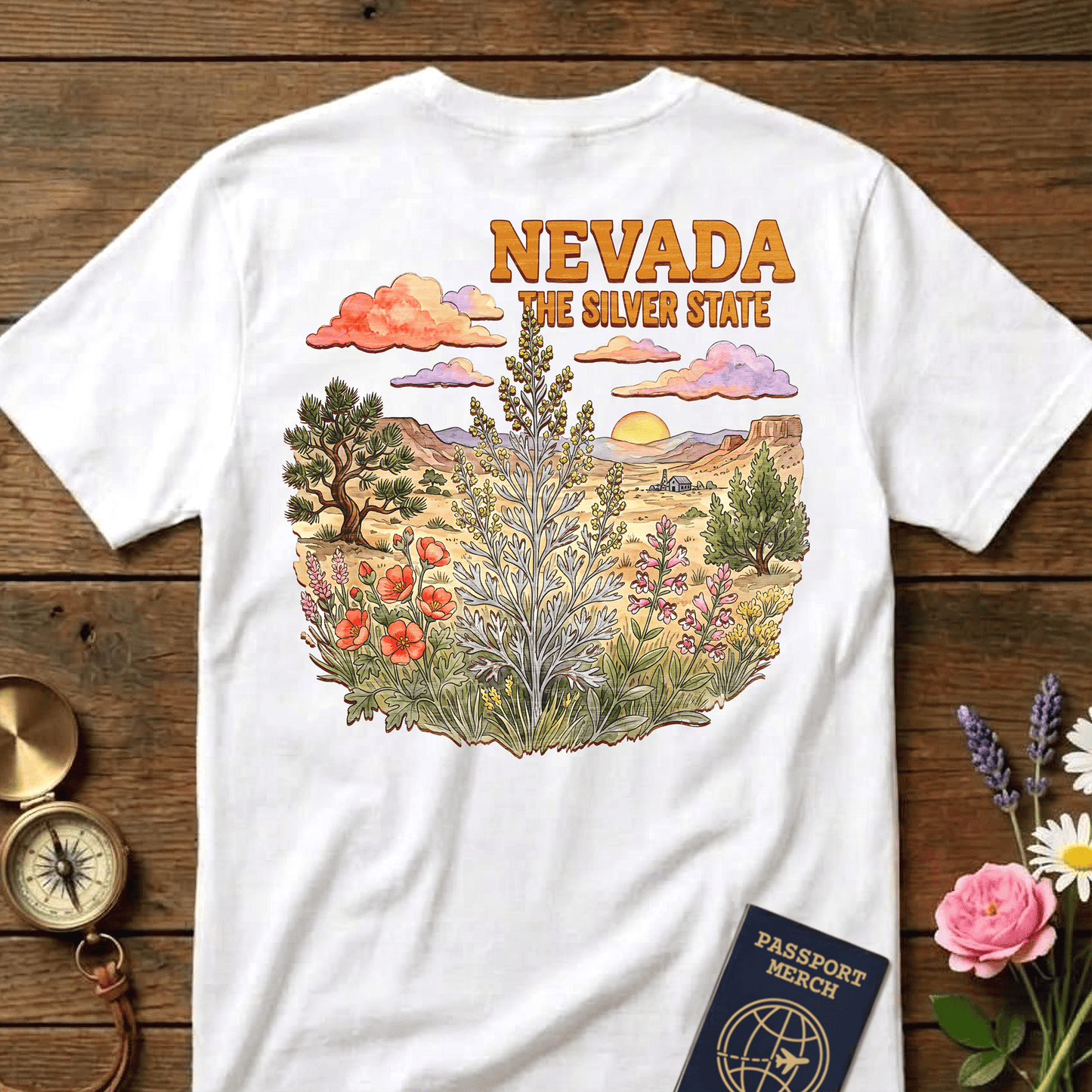 Nevada Flowers in Watercolored Oak Back Print T-Shirt White / S