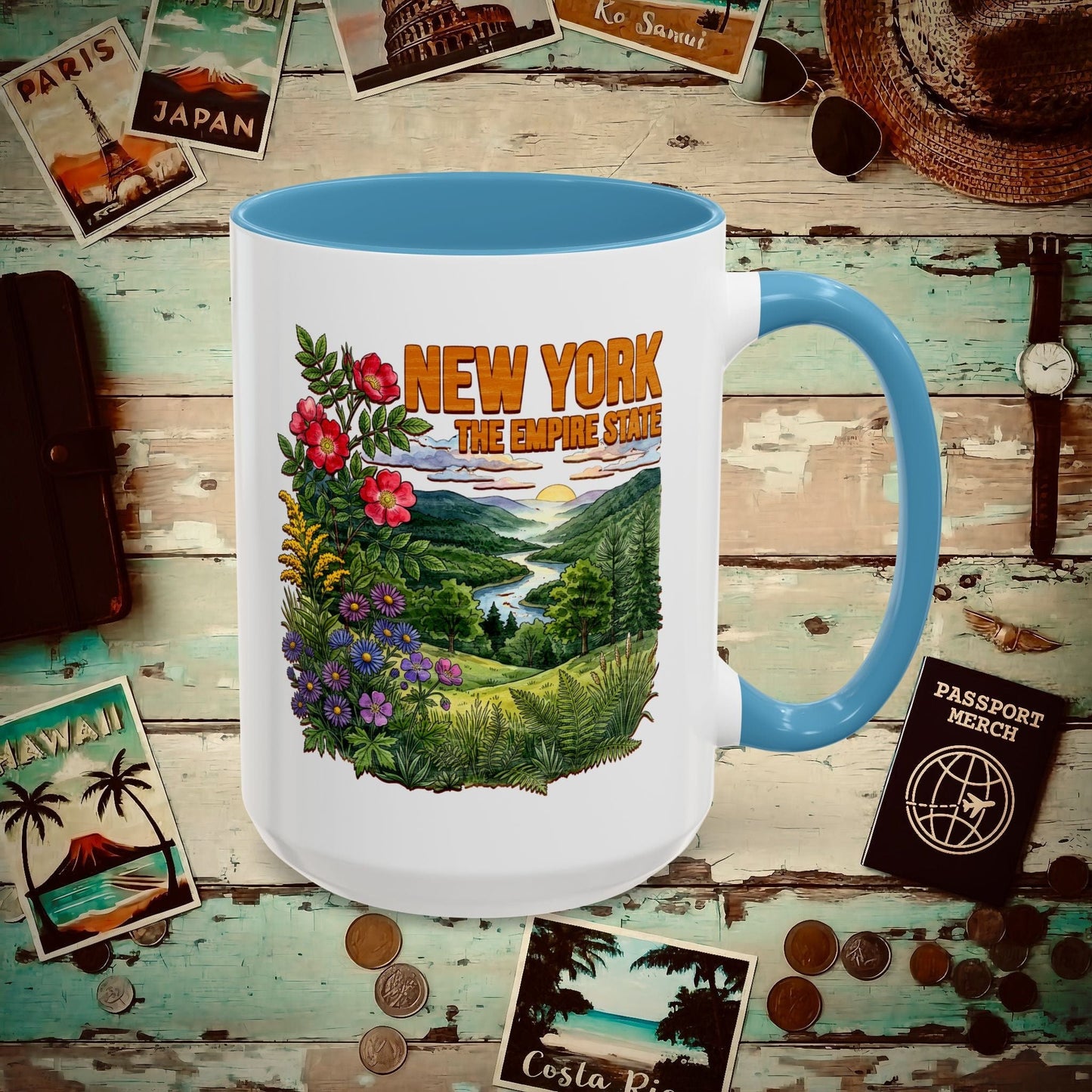 New York Flowers in Watercolored Oak 15oz Mug Light Blue / 15oz