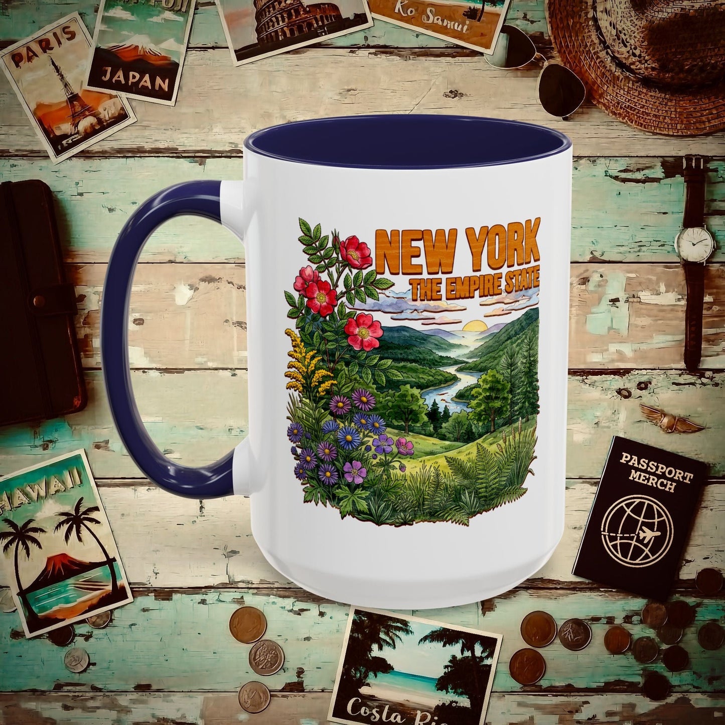 New York Flowers in Watercolored Oak 15oz Mug Navy / 15oz