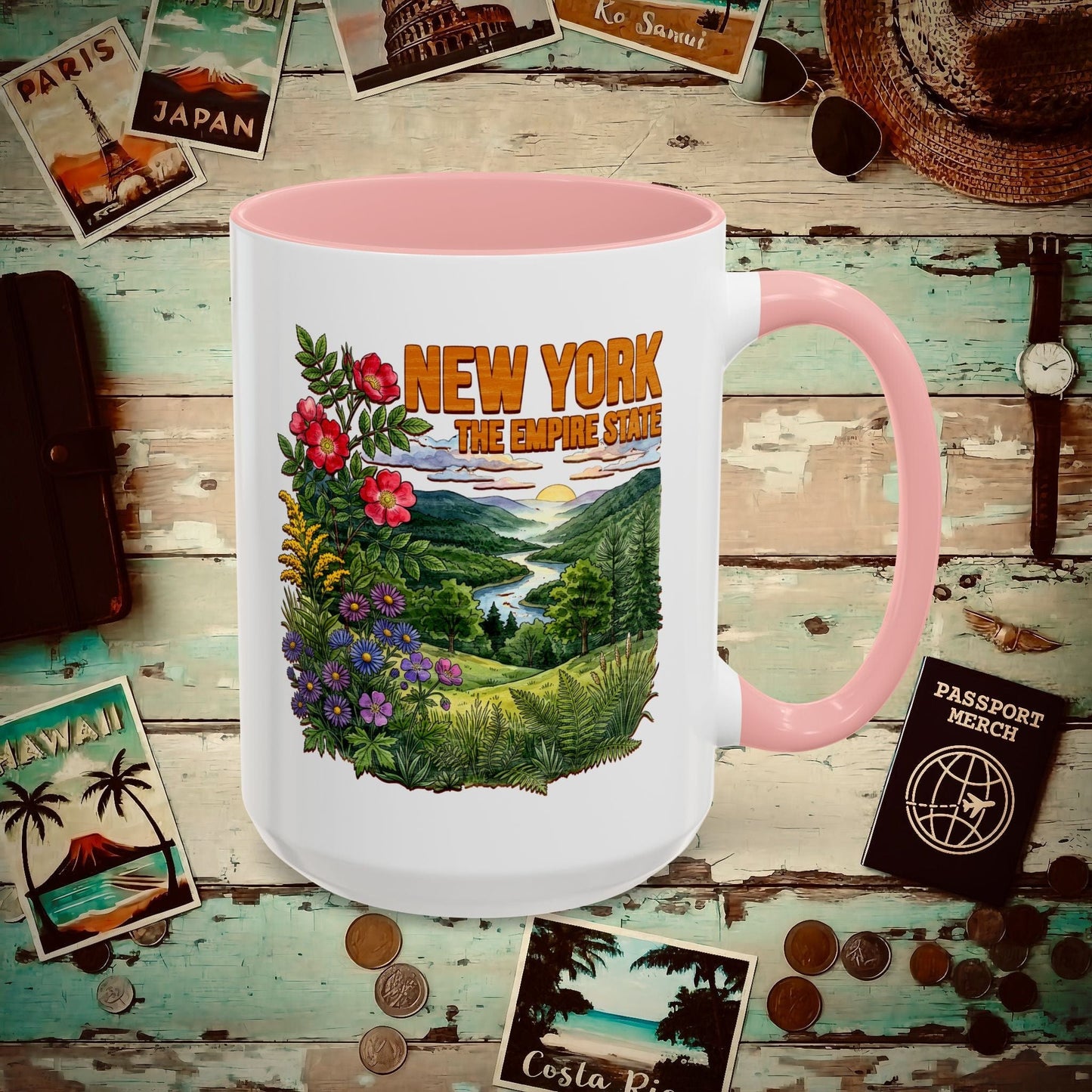 New York Flowers in Watercolored Oak 15oz Mug Pink / 15oz
