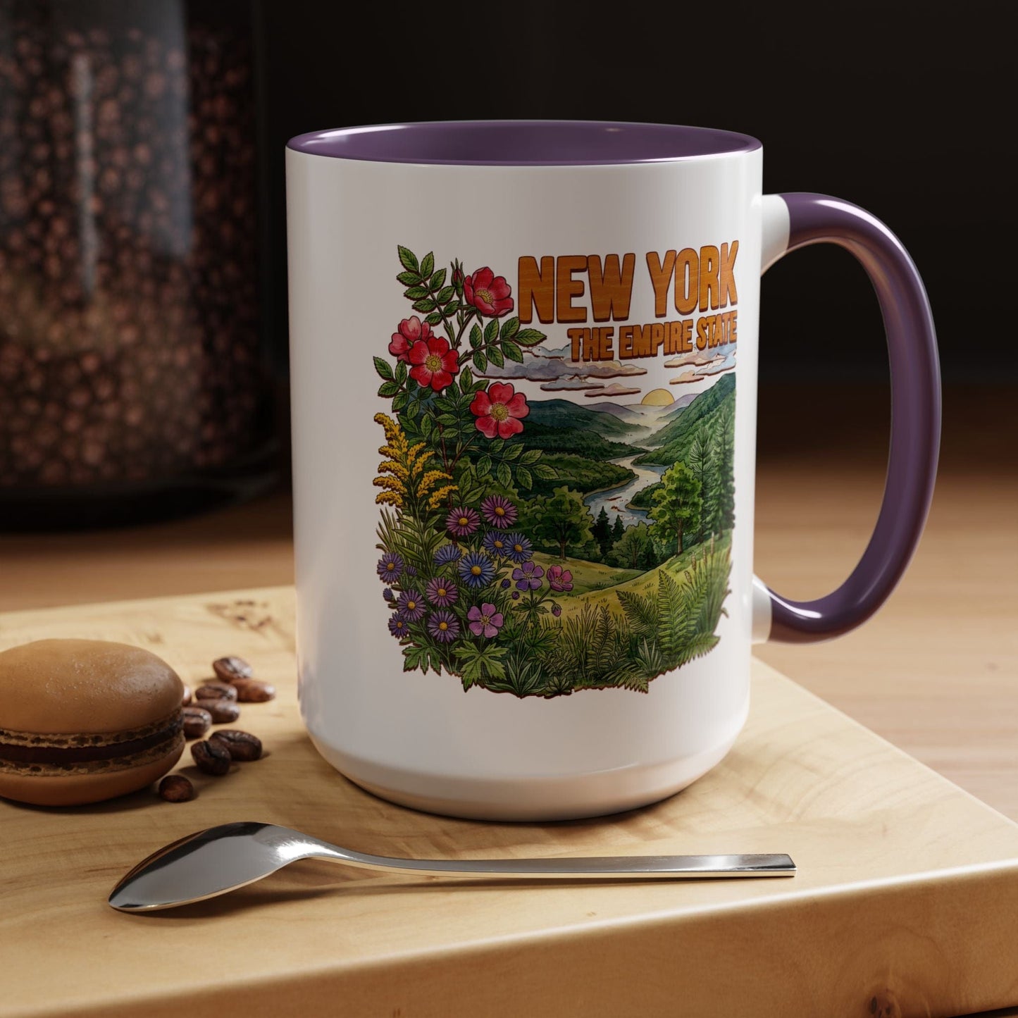 New York Flowers in Watercolored Oak 15oz Mug Purple / 15oz