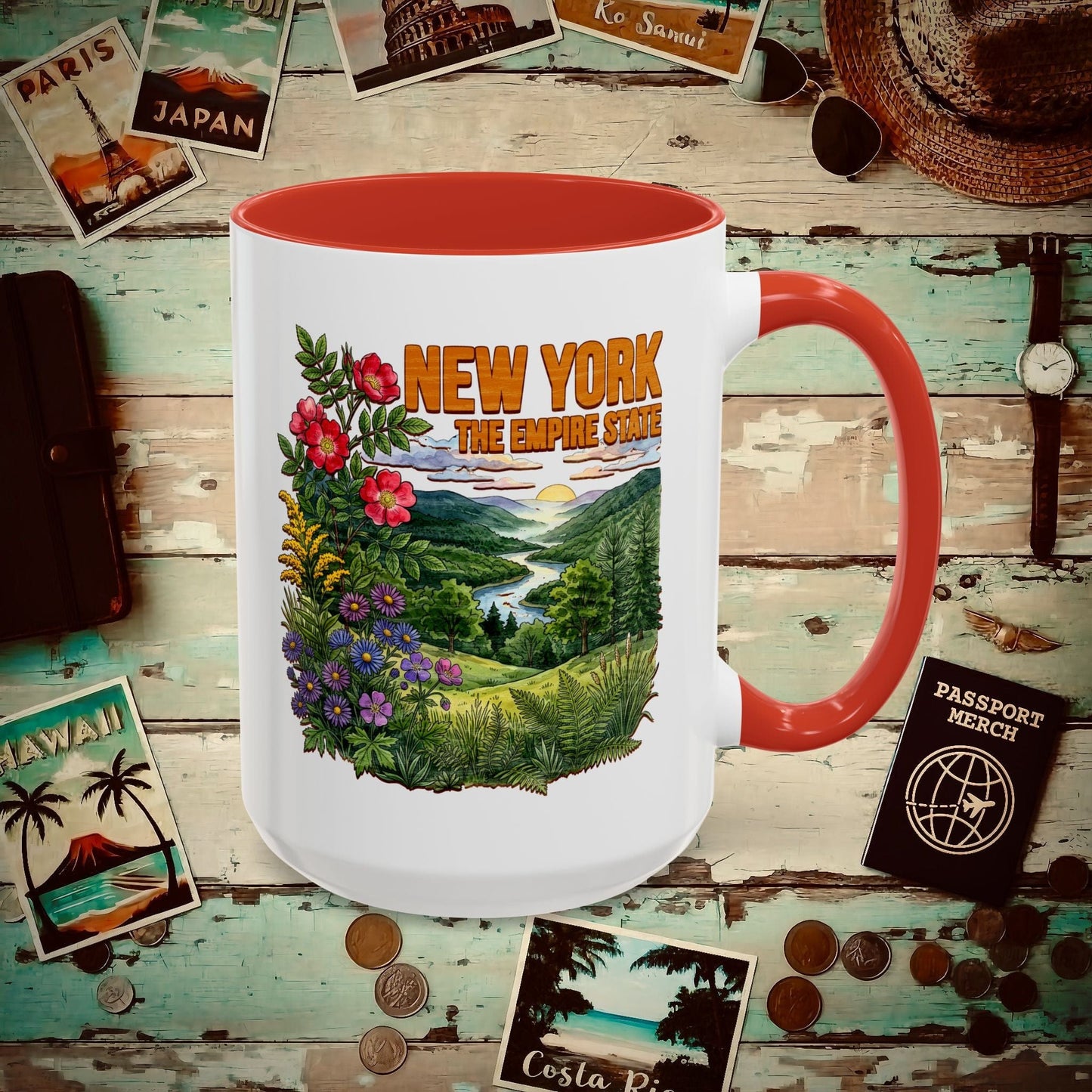 New York Flowers in Watercolored Oak 15oz Mug Red / 15oz