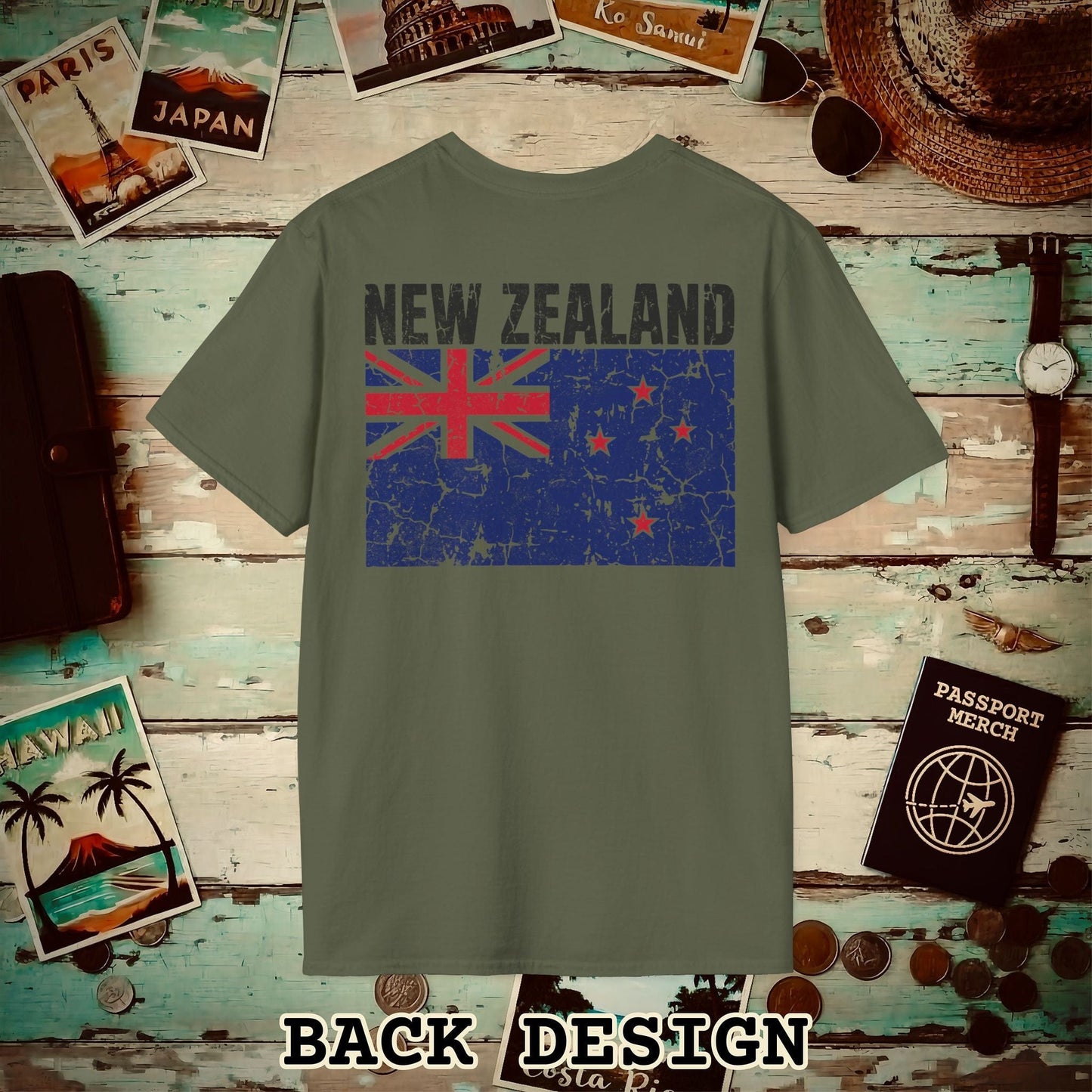 New Zealand Vintage Flag Back Print T-Shirt Military Green / S