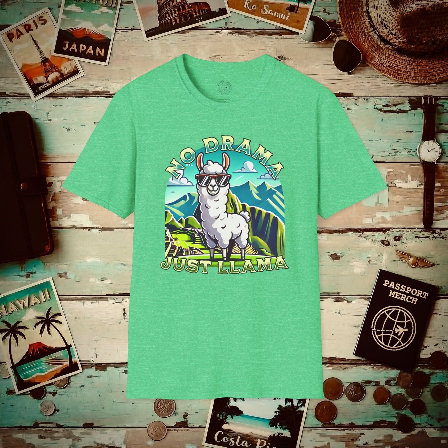 No Drama Just Llama Machu Picchu Peru T-Shirt Heather Irish Green / S