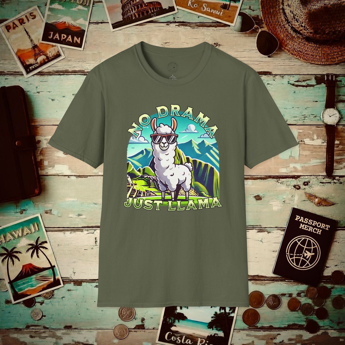 No Drama Just Llama Machu Picchu Peru T-Shirt Military Green / S