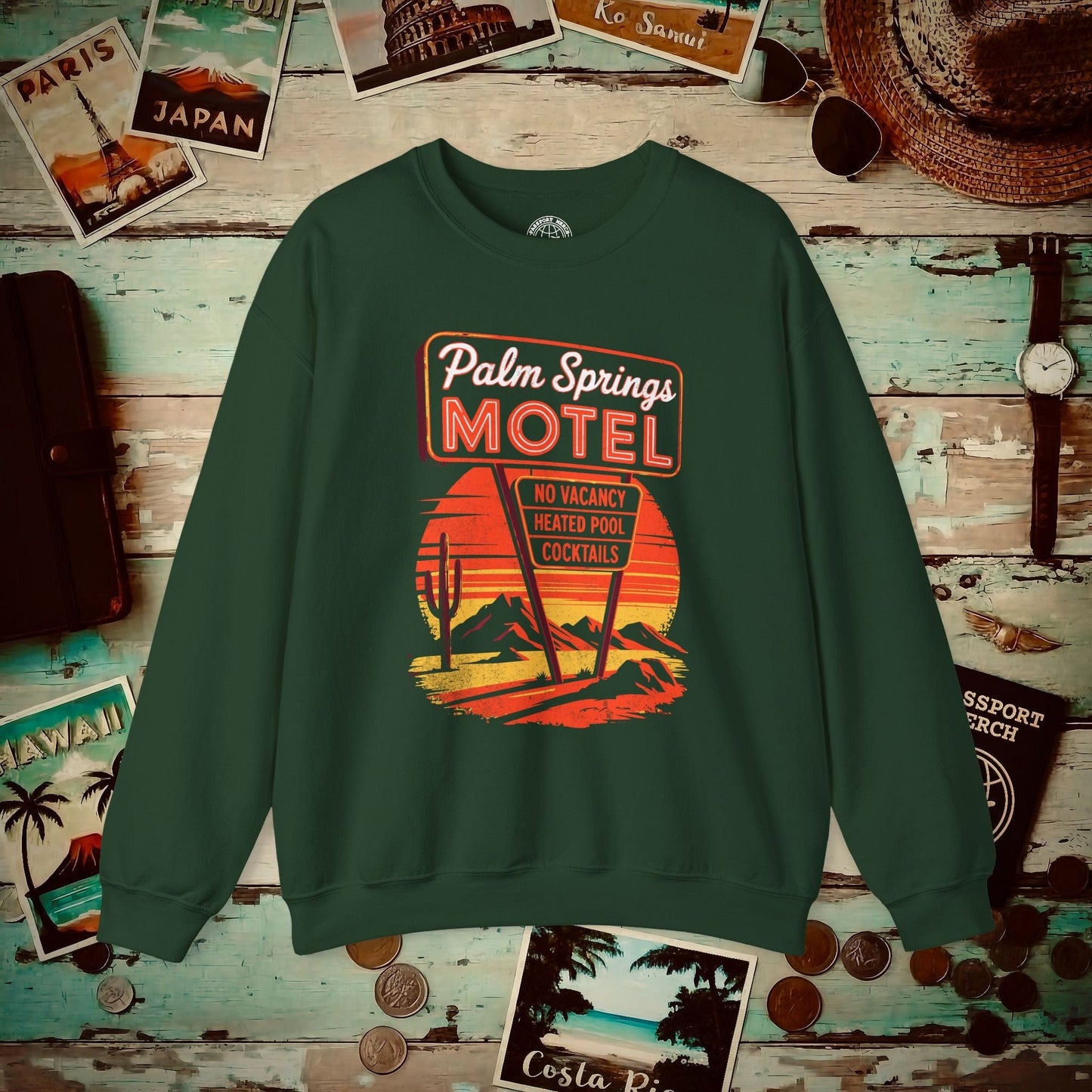 No Vacancy, Palm Springs, California Crewneck Forest Green / S