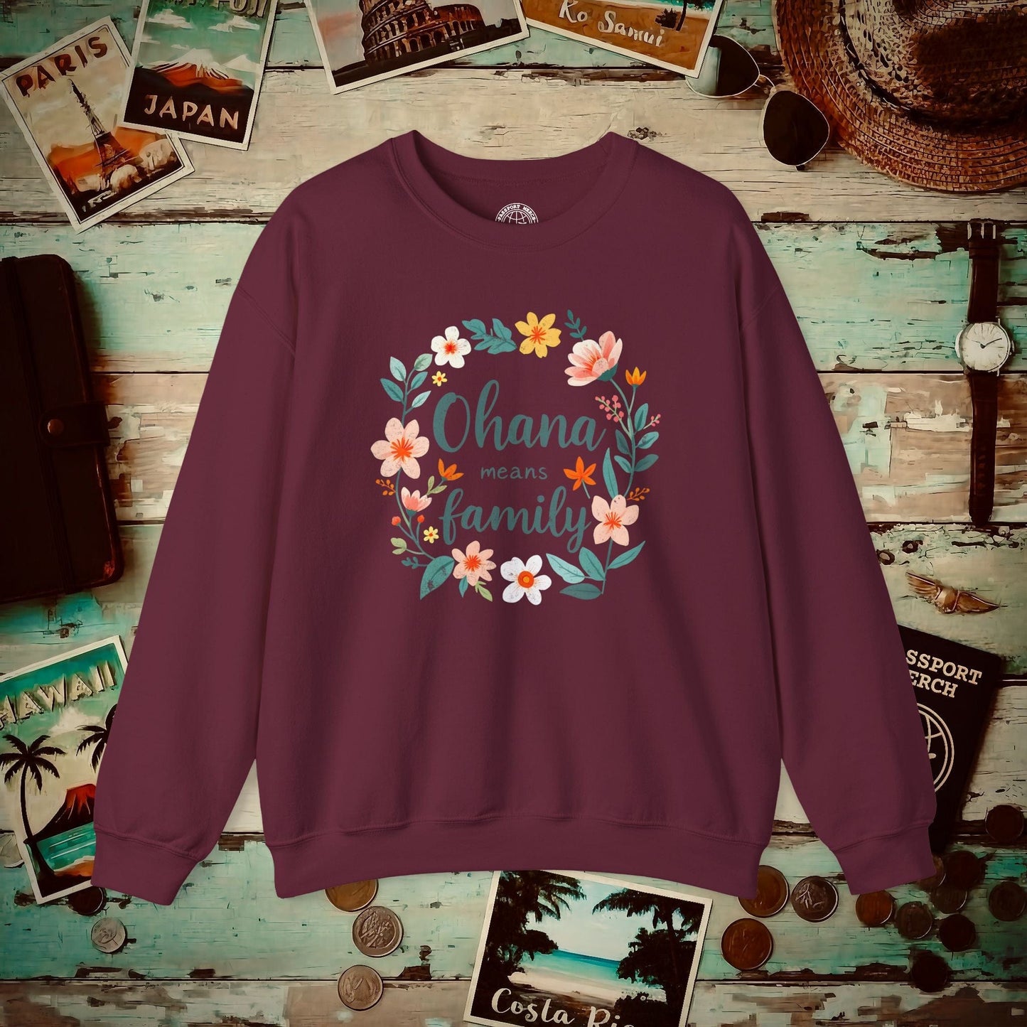 Ohana Means Family, Hawaii Crewneck Maroon / S