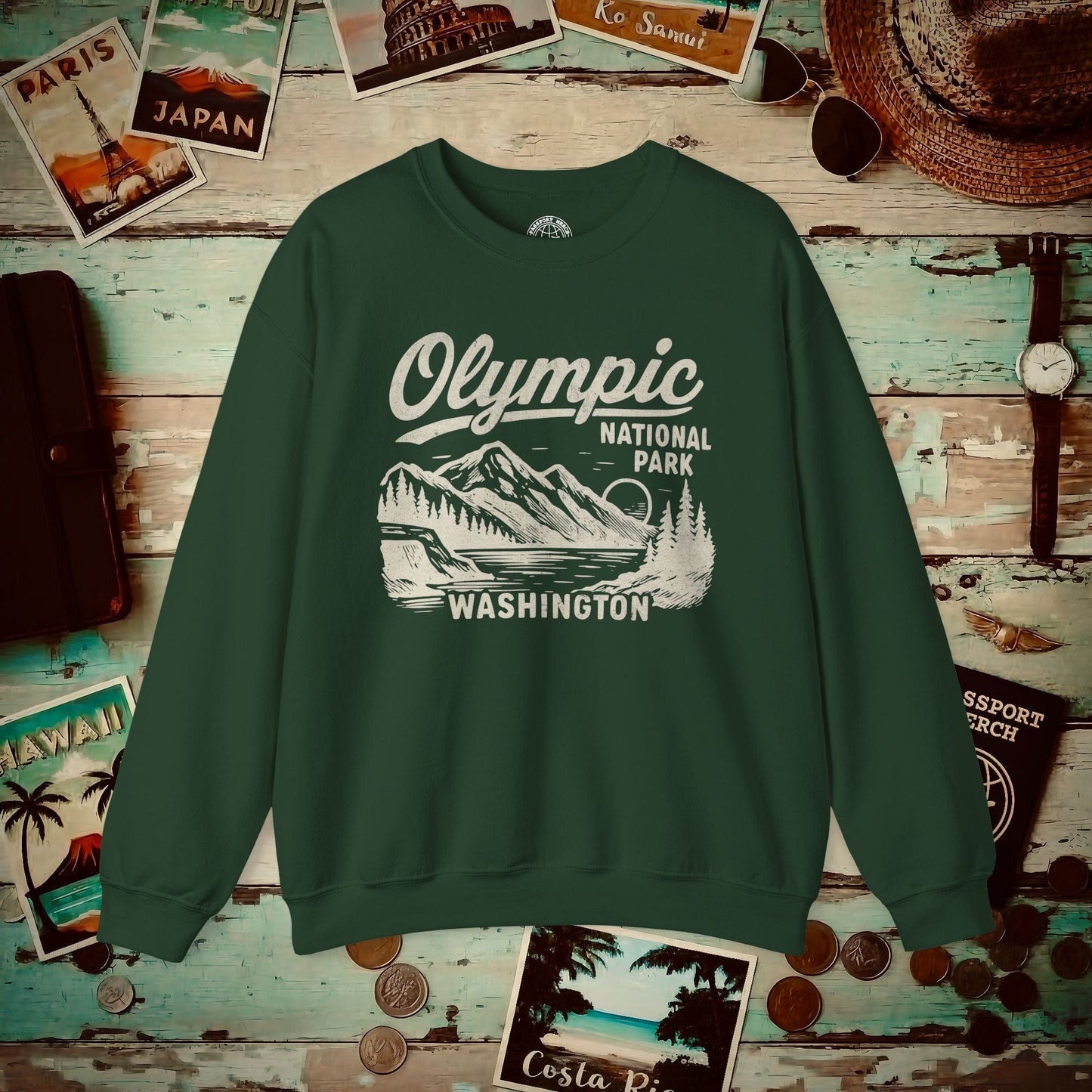 Olympic National Park Vintage Monochrome, Washington Crewneck Forest Green / S