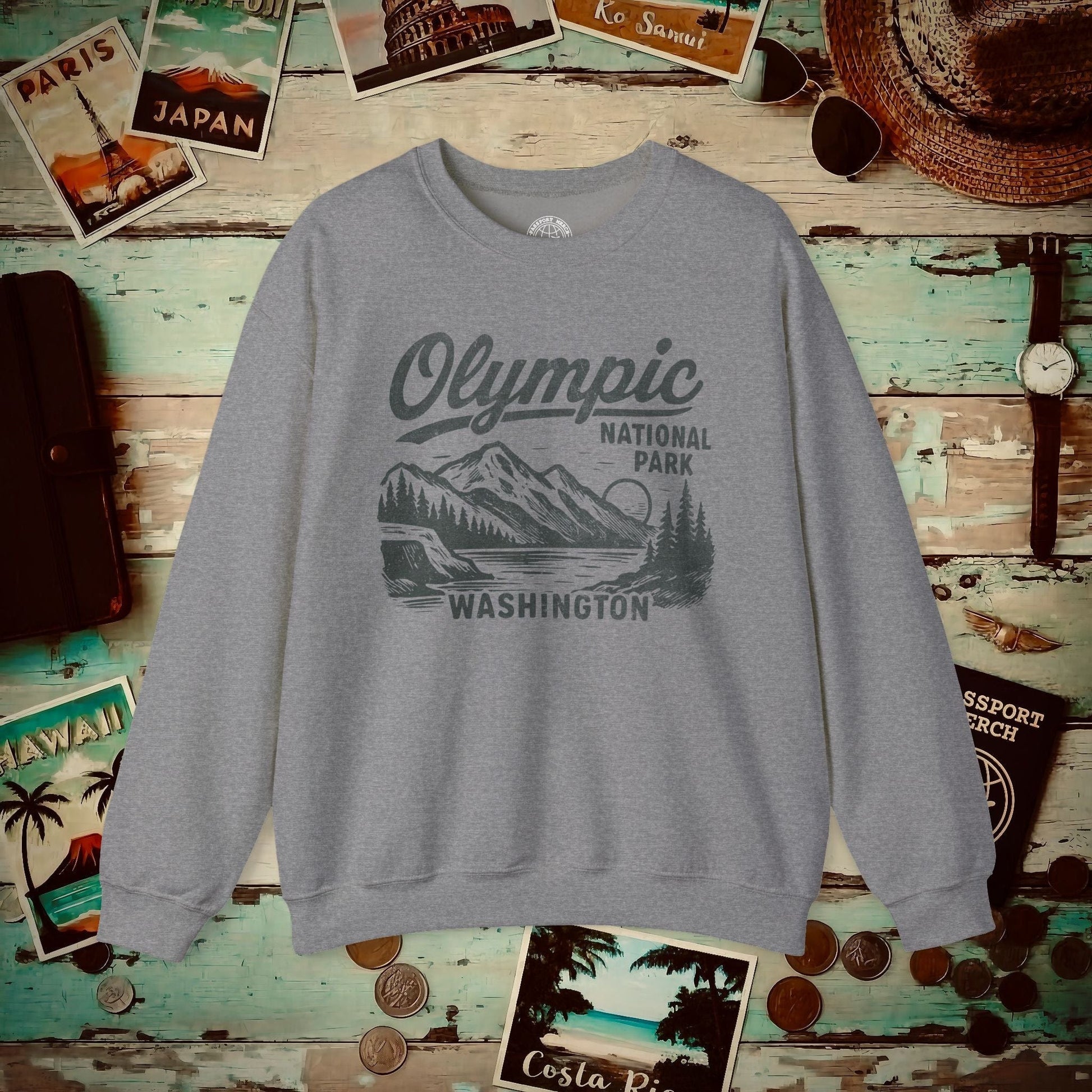 Olympic National Park Vintage Monochrome, Washington Crewneck Graphite Heather / S