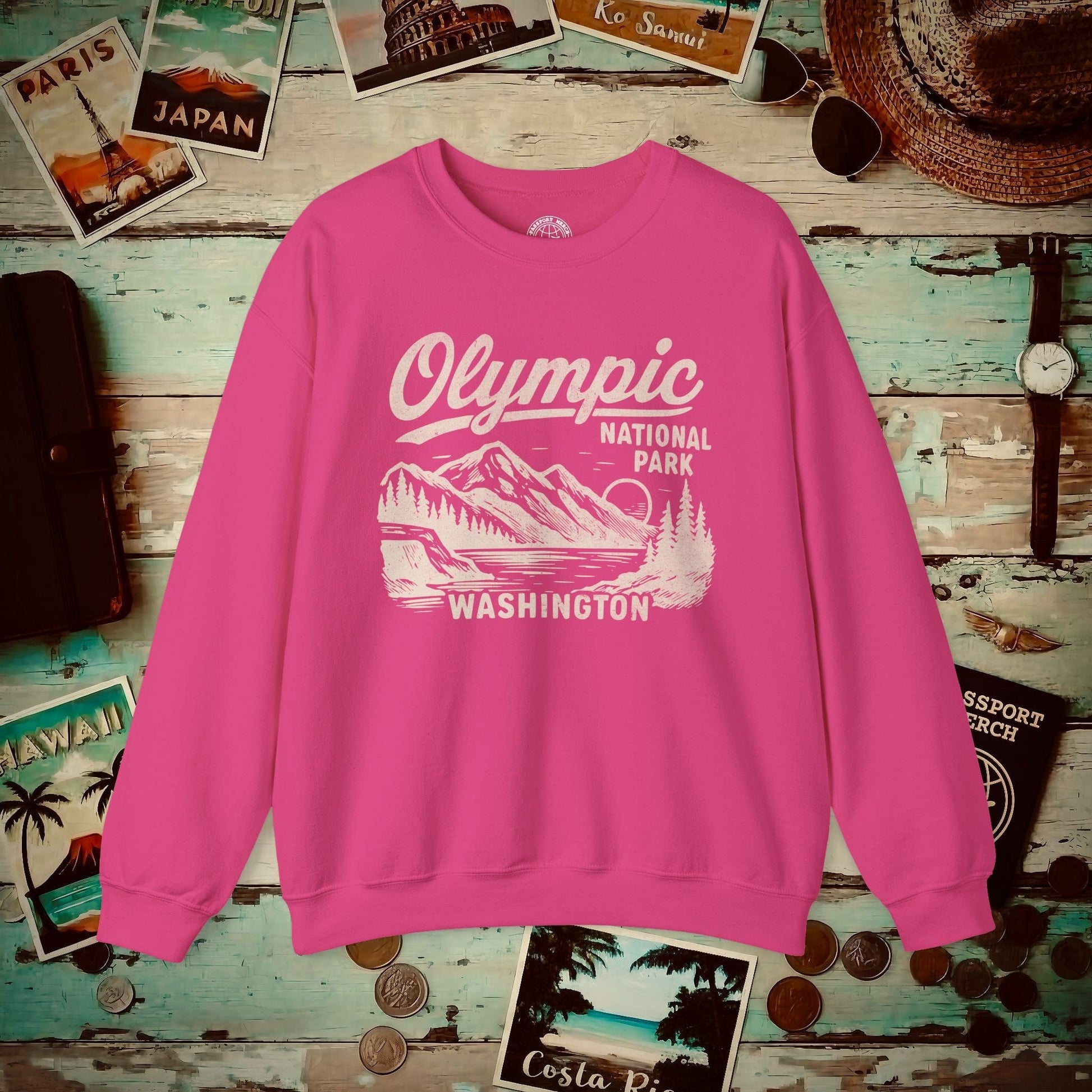 Olympic National Park Vintage Monochrome, Washington Crewneck Heliconia / S