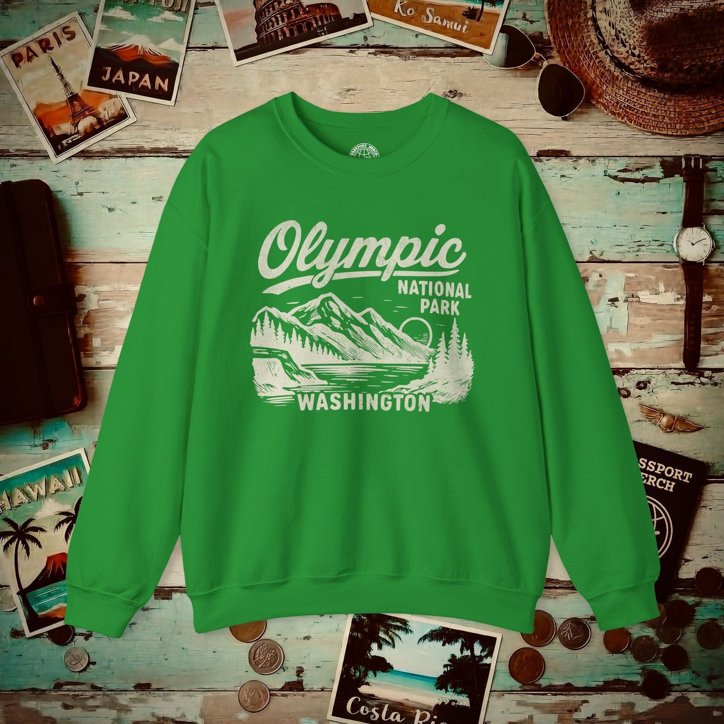 Olympic National Park Vintage Monochrome, Washington Crewneck Irish Green / S