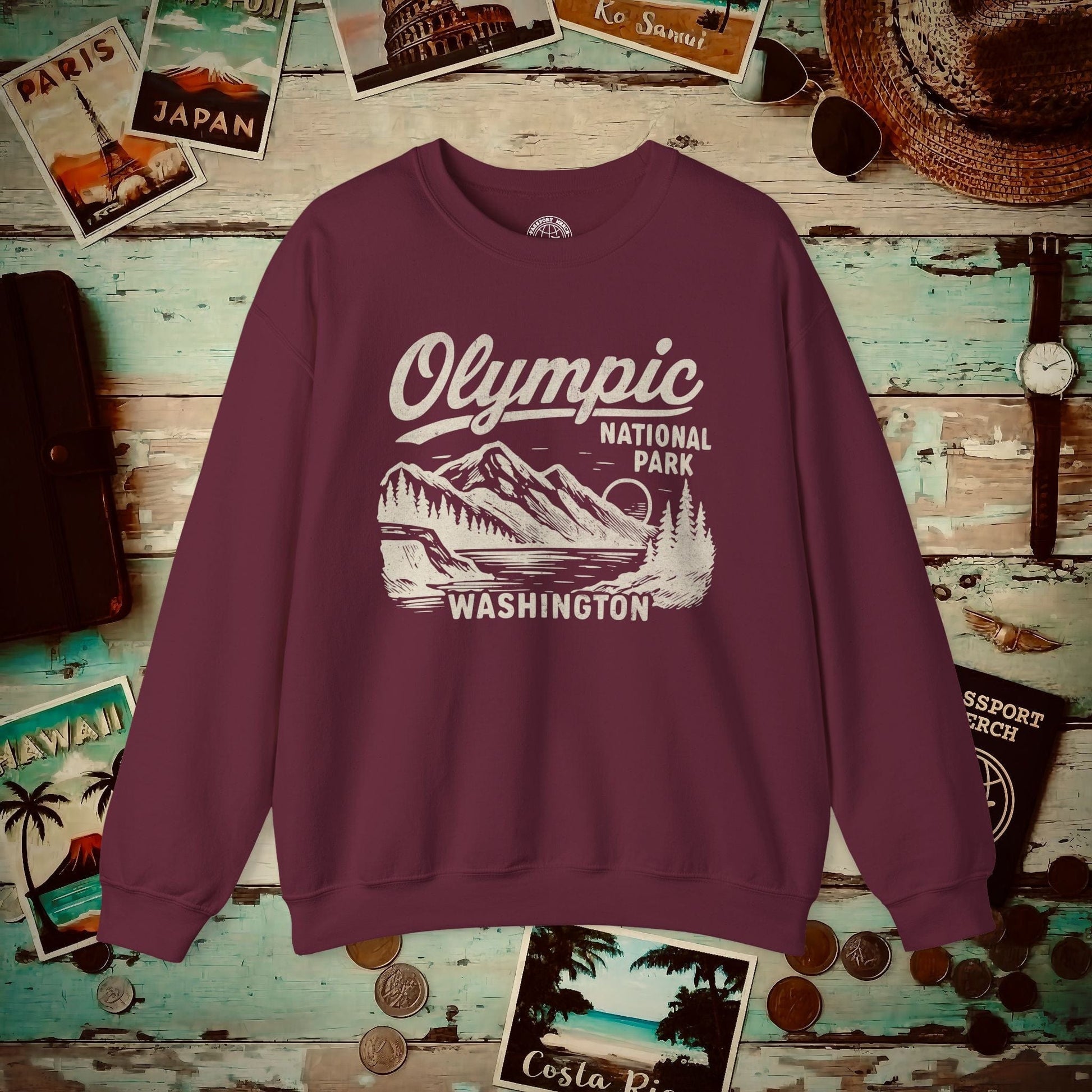 Olympic National Park Vintage Monochrome, Washington Crewneck Maroon / S