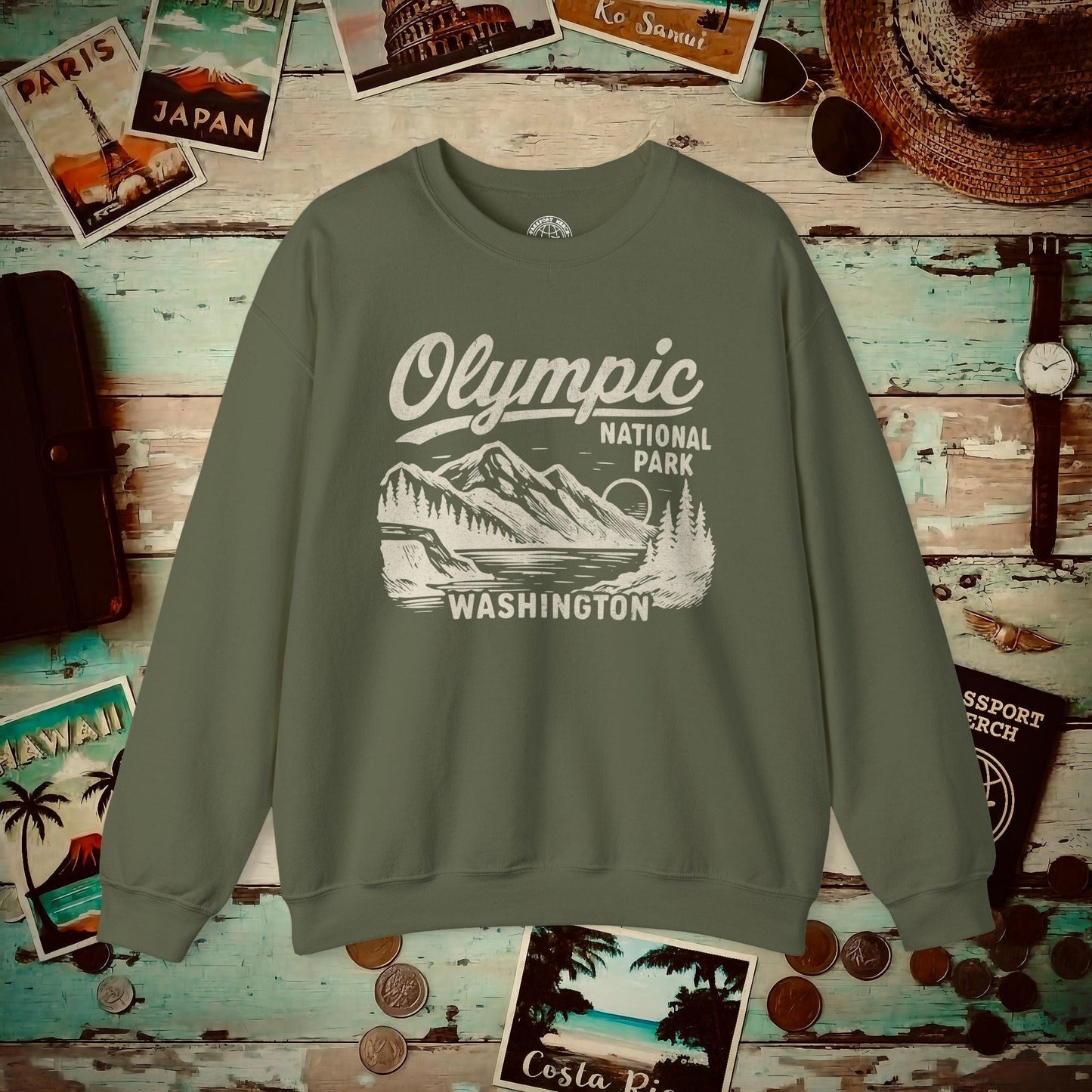 Olympic National Park Vintage Monochrome, Washington Crewneck Military Green / S