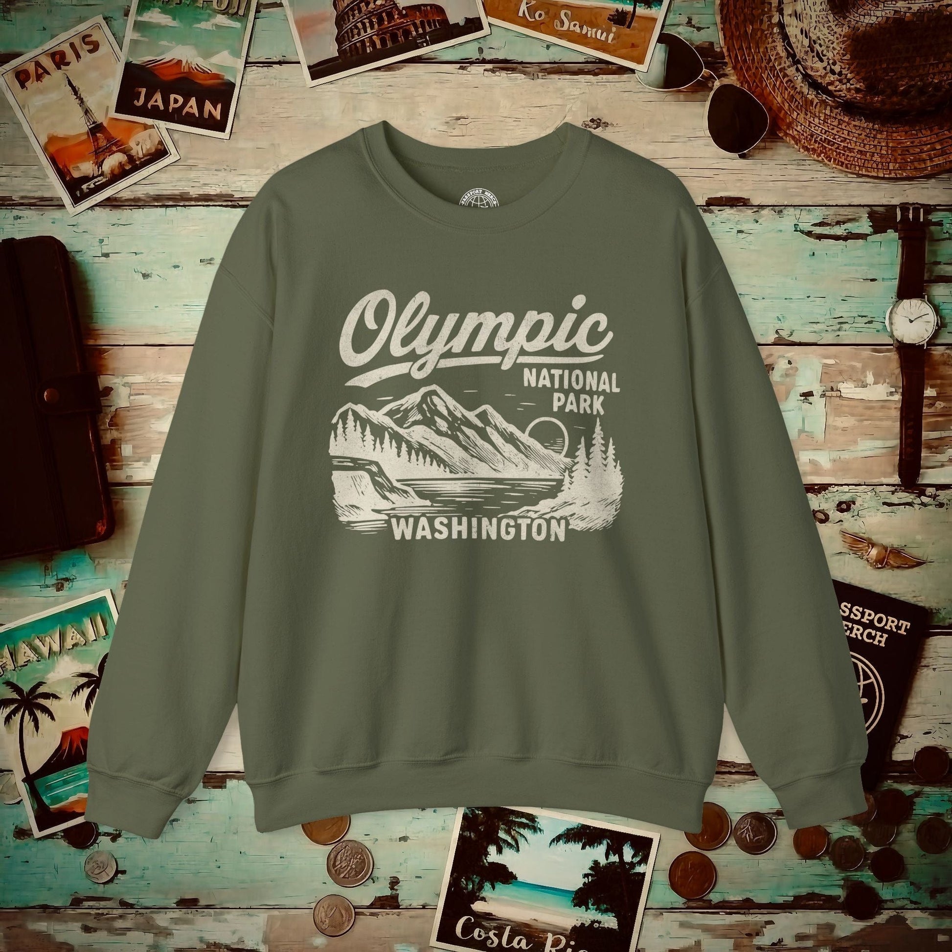 Olympic National Park Vintage Monochrome, Washington Crewneck Military Green / S