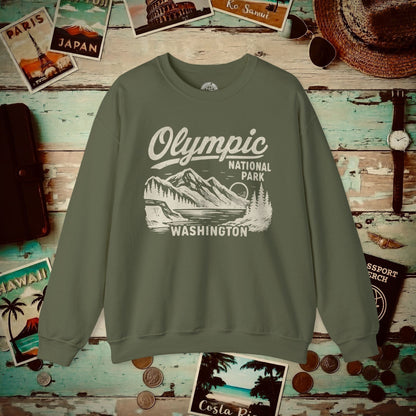 Olympic National Park Vintage Monochrome, Washington Crewneck Military Green / S