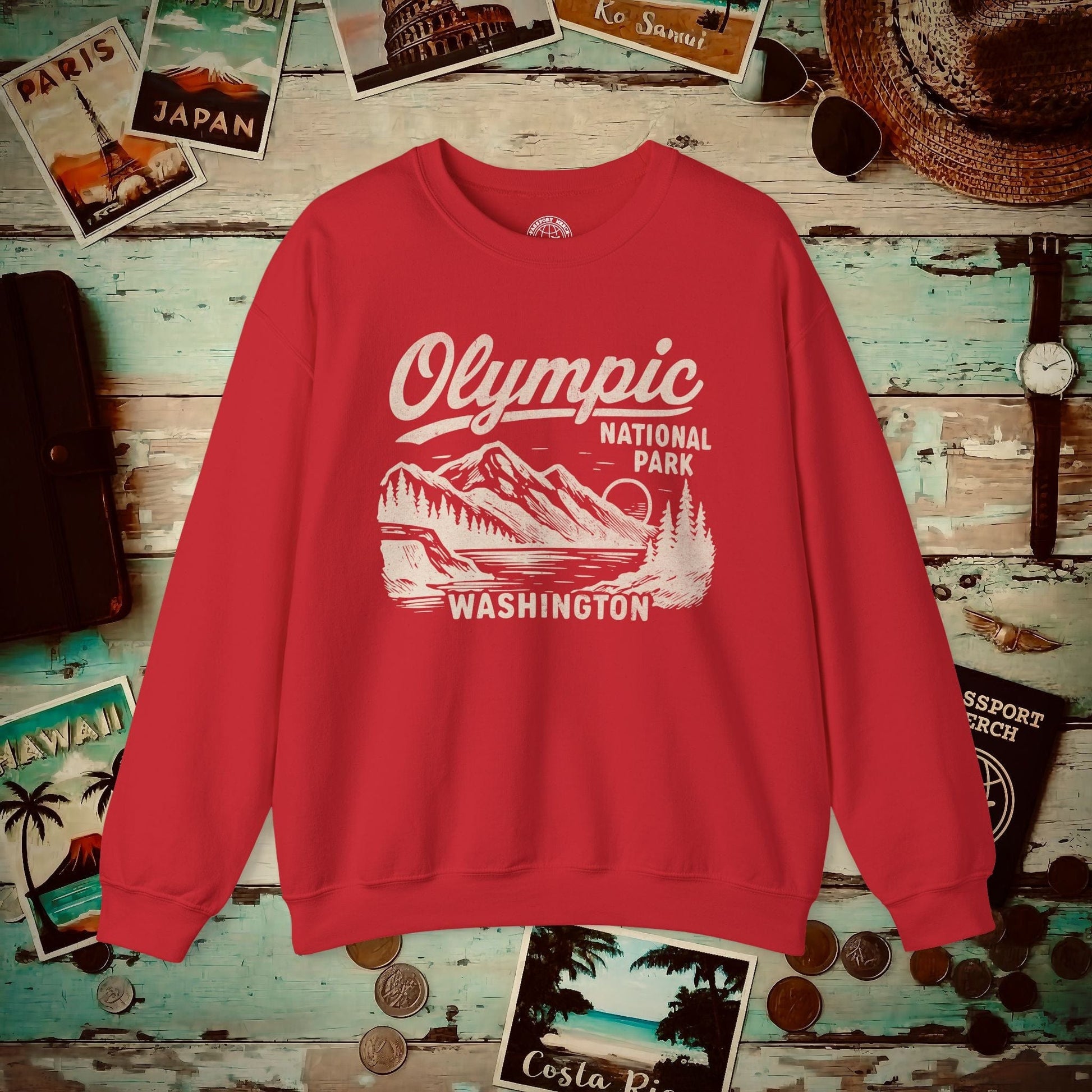 Olympic National Park Vintage Monochrome, Washington Crewneck Red / S