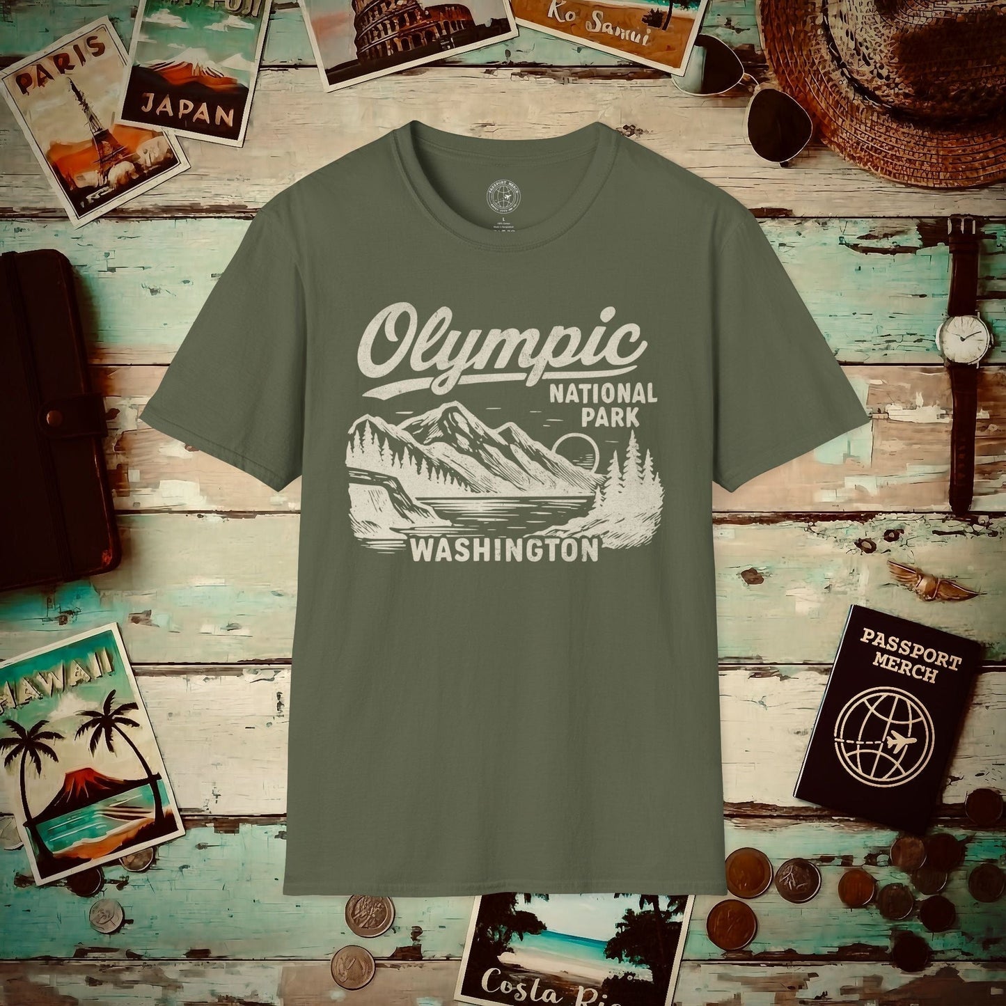 Olympic National Park Vintage Monochrome, Washington T-Shirt Military Green / S