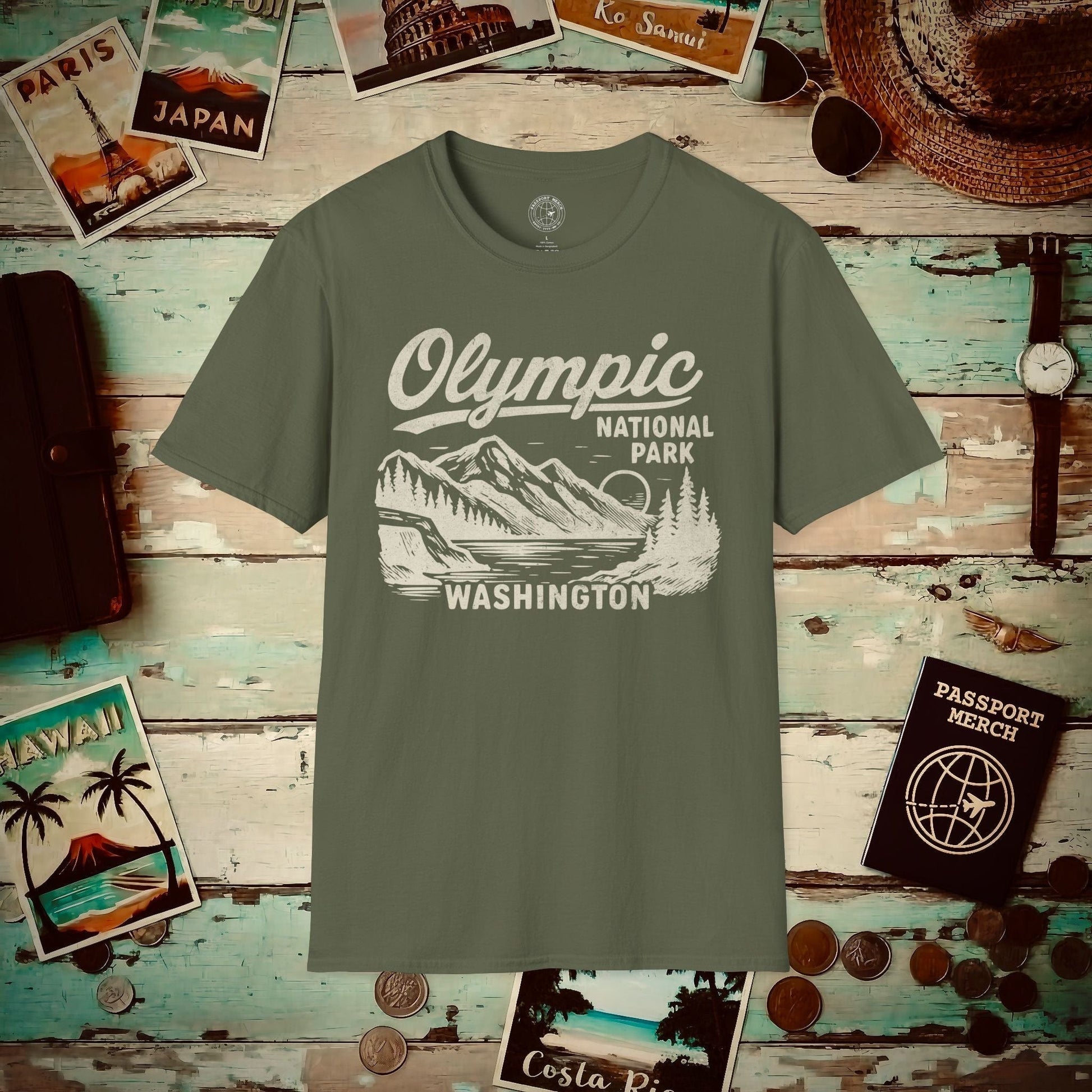 Olympic National Park Vintage Monochrome, Washington T-Shirt Military Green / S