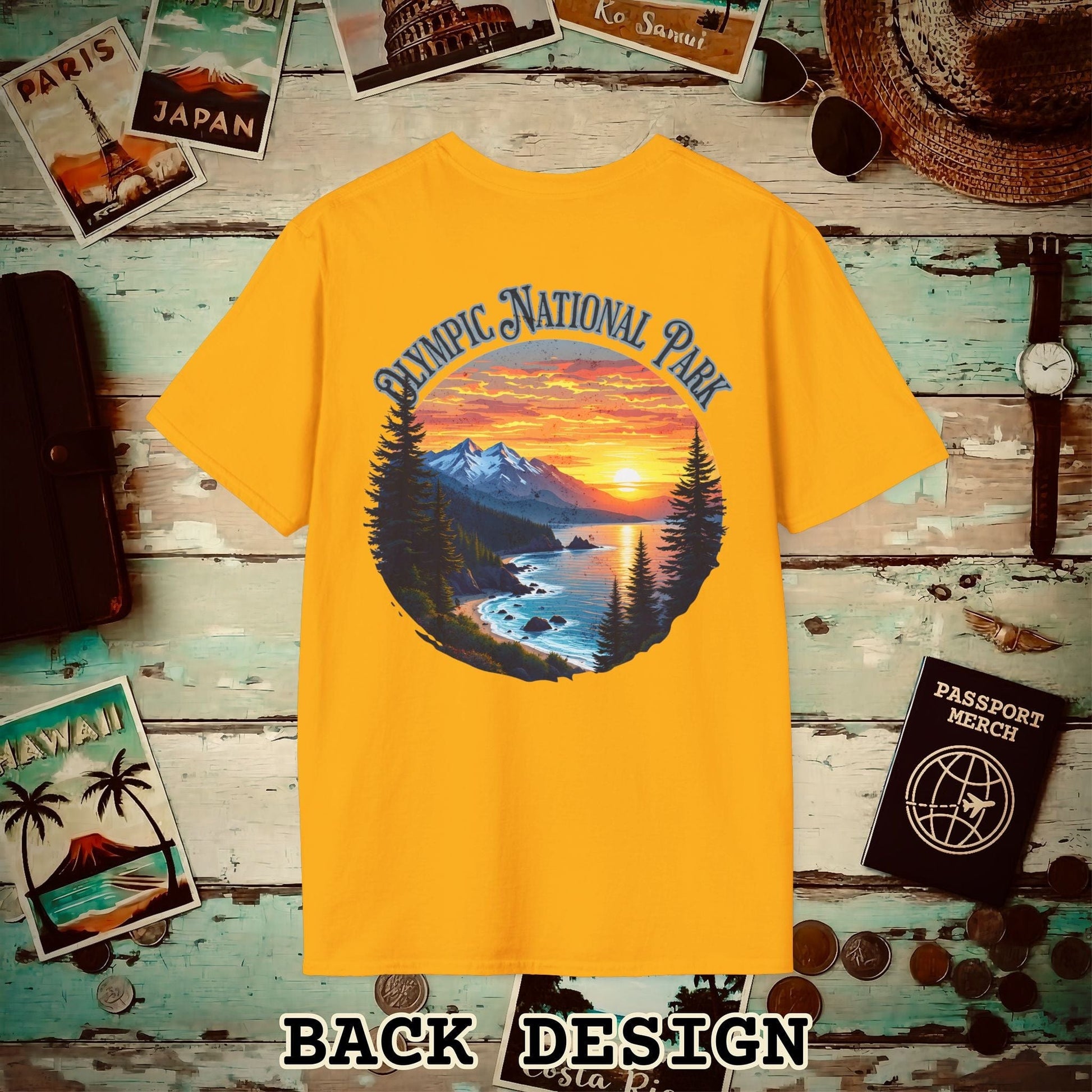 Olympic National Park, Washington, Back Print T-Shirt Gold / S