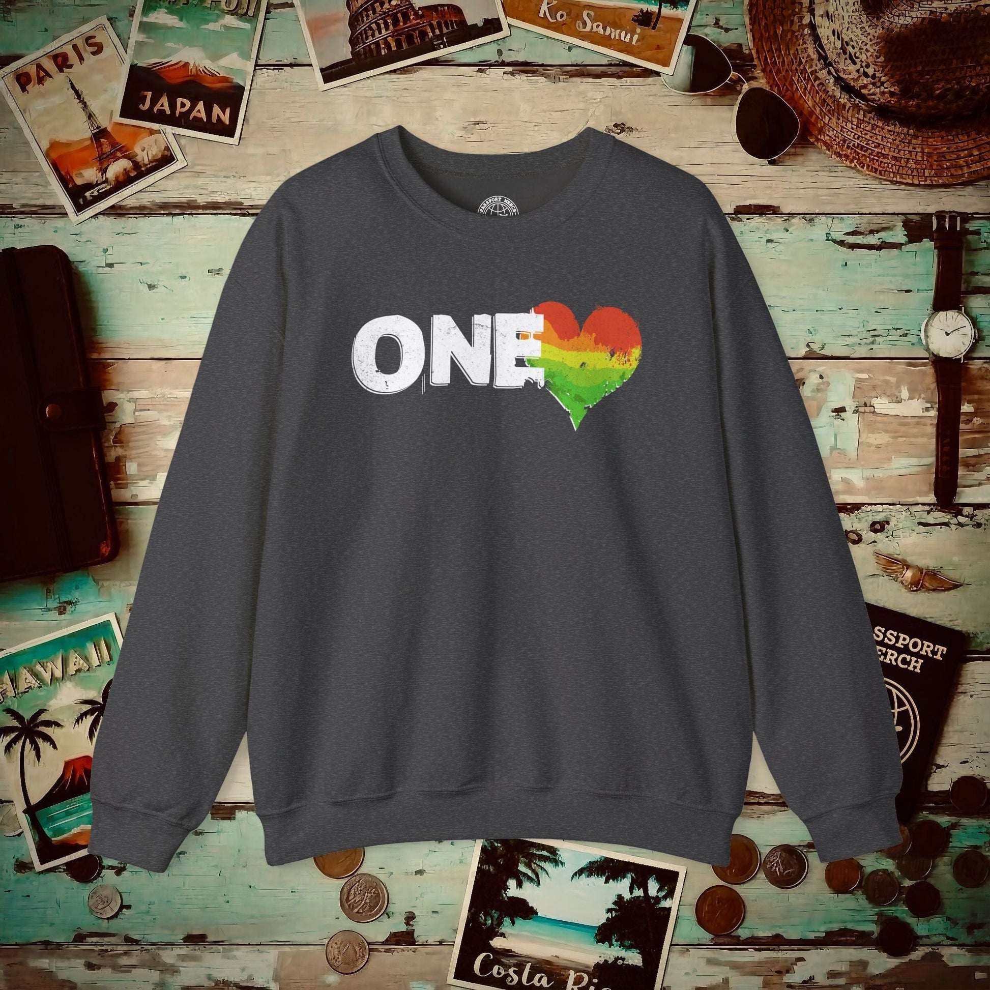 One Heart, Jamaican Reggae Crewneck Dark Heather / S
