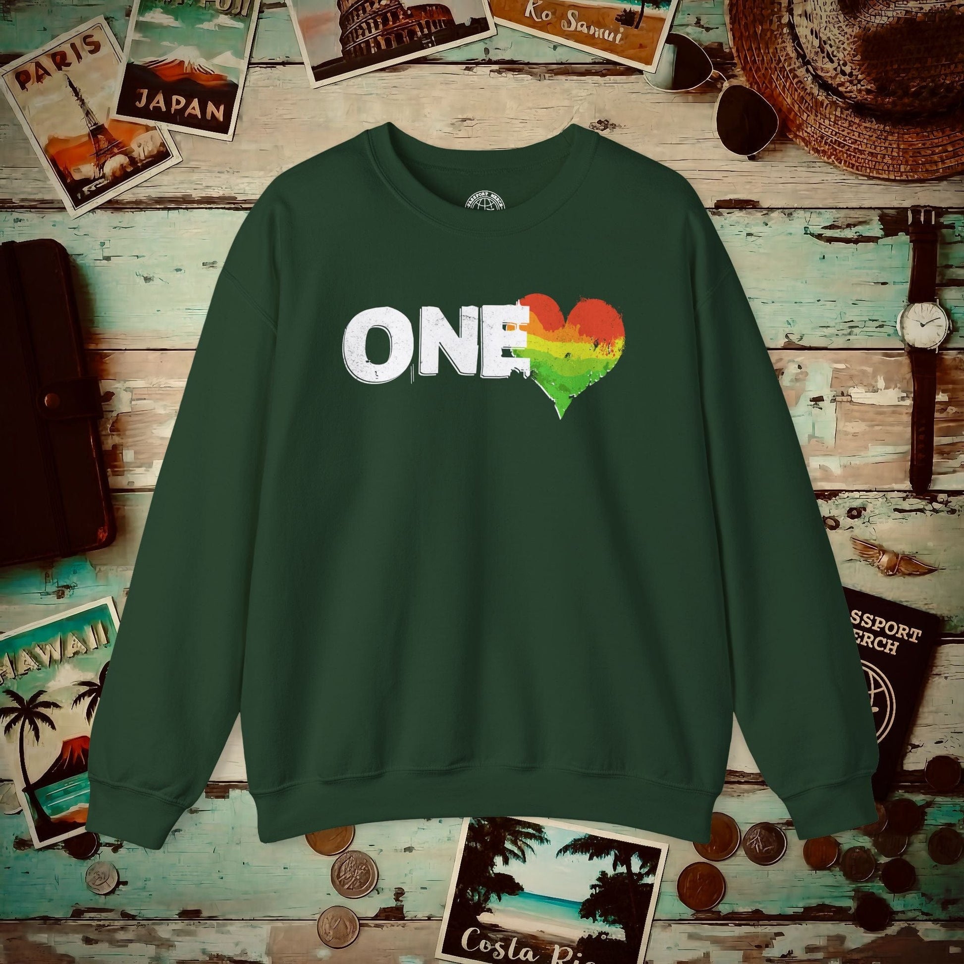 One Heart, Jamaican Reggae Crewneck Forest Green / S